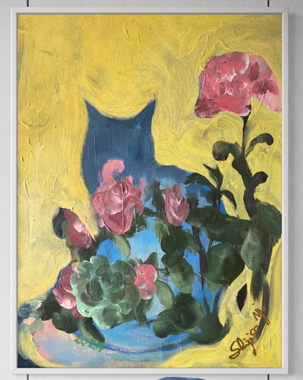 Prova d'artista dipinta a mano di grandi dimensioni-Colazione con gatto-Artista britannico premiato-rosa in vendita 7