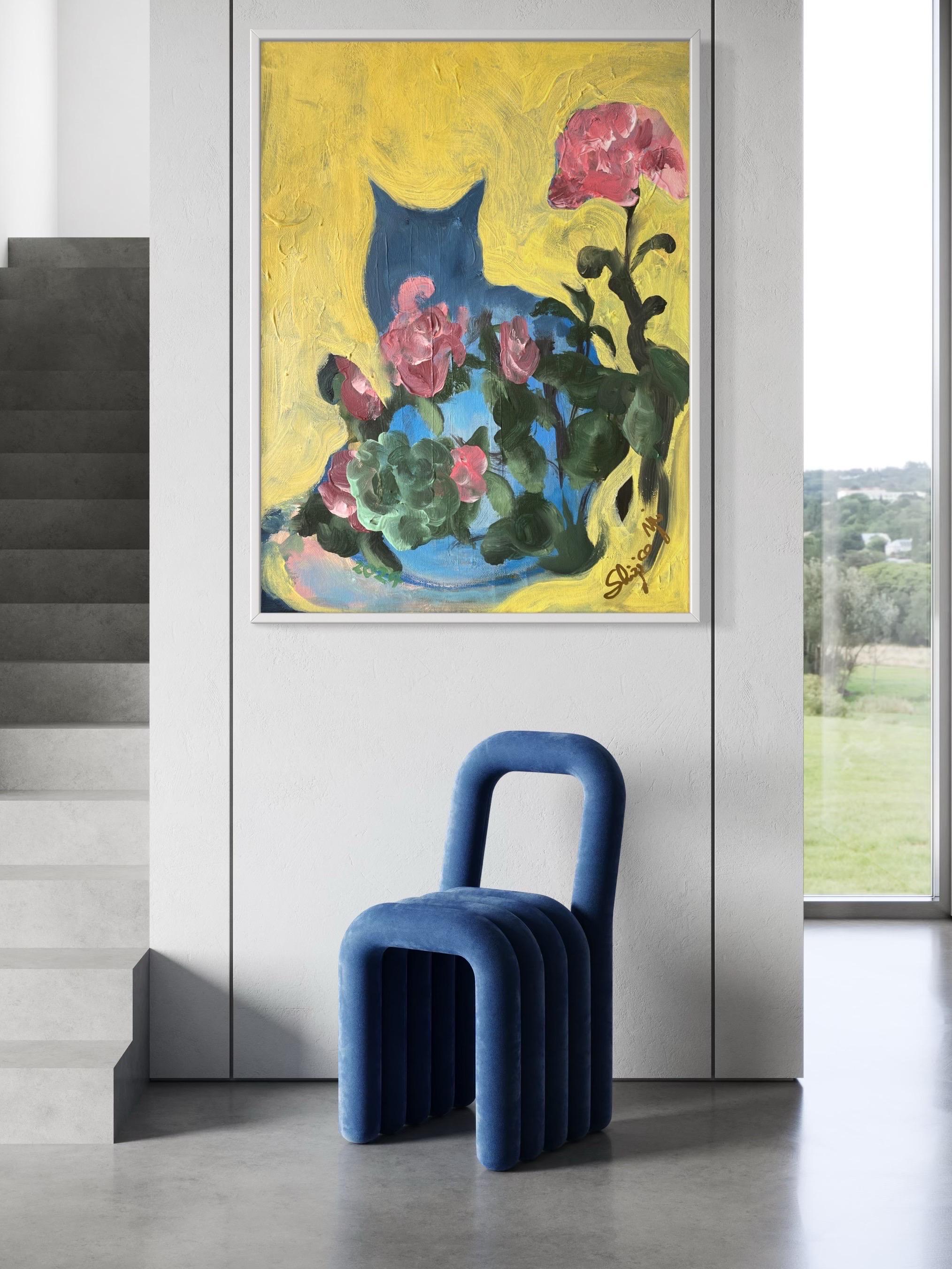 Prova d'artista dipinta a mano di grandi dimensioni-Colazione con gatto-Artista britannico premiato-rosa - Print di Shizico Yi