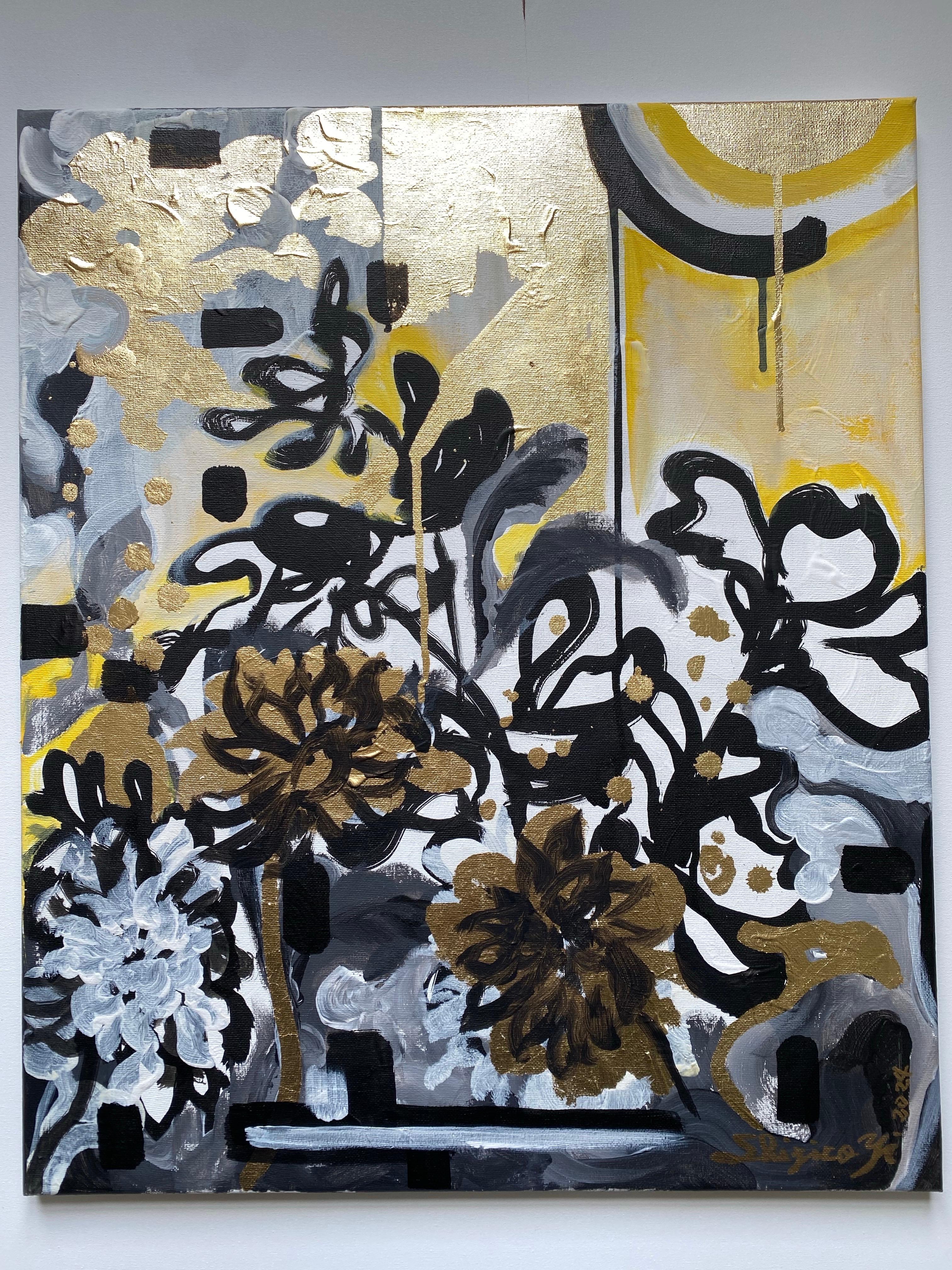 Set originale-Nostalgia-British Awarded-Inchiostro a foglia d'oro su tela-DrawingTimeSeries - Abstract Painting Grigio di Shizico Yi