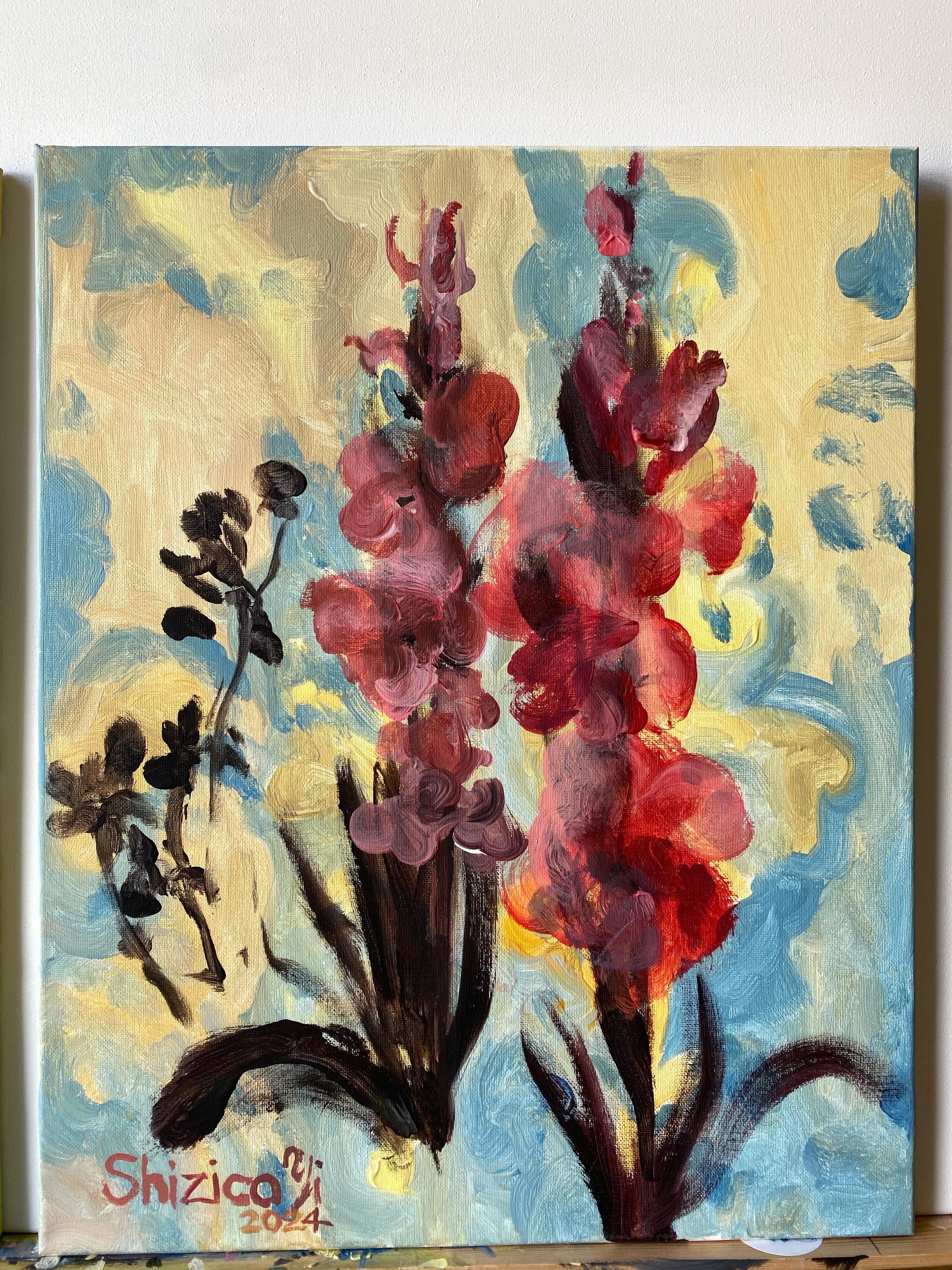 Original Set-Dahlias, Gladiolus in Bloom-Brit Awarded Artist-Abstract Expression - Abstract Impressionist Painting by Shizico Yi 