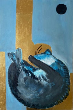 Original-Gato azul-Hoja de oro-Artista británico premiado-expresión surrealista-abstracto