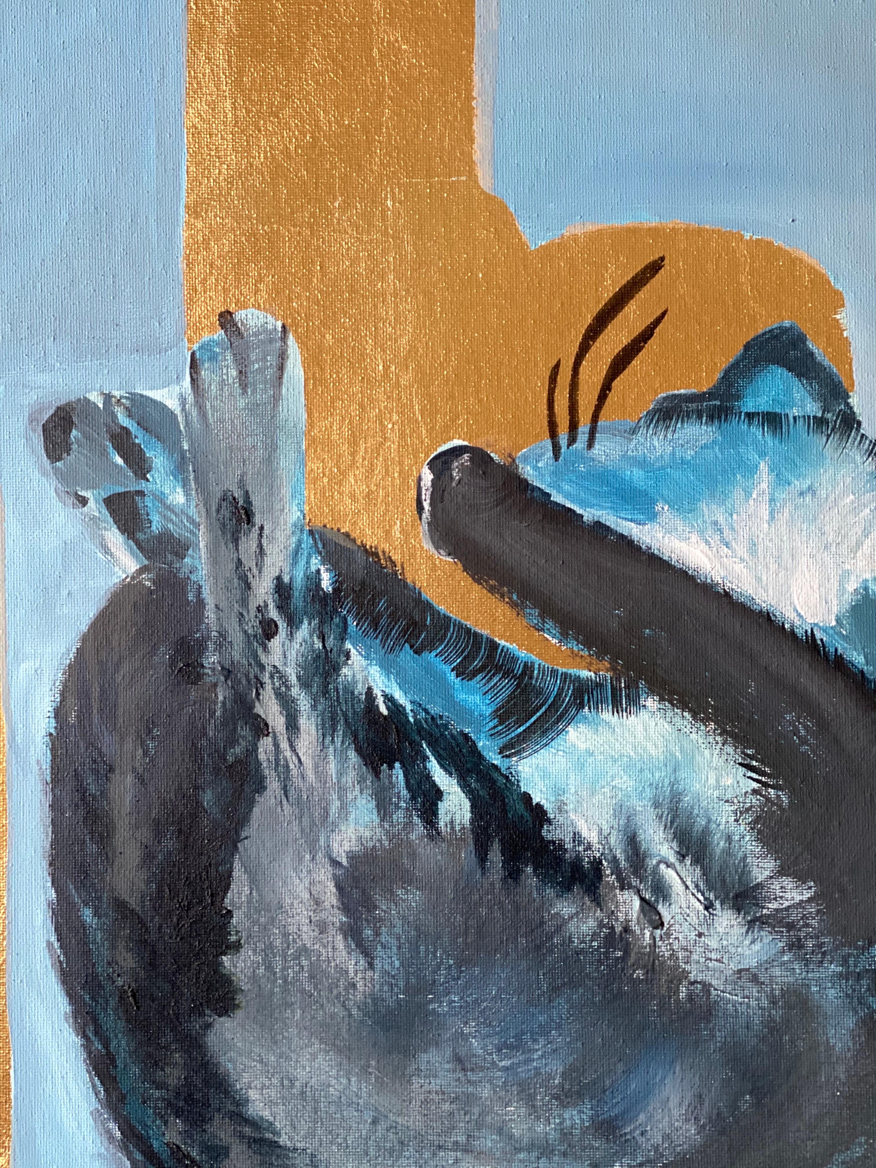 Original-Gato azul-Hoja de oro-Artista británico premiado-expresión surrealista-abstracto en venta 5