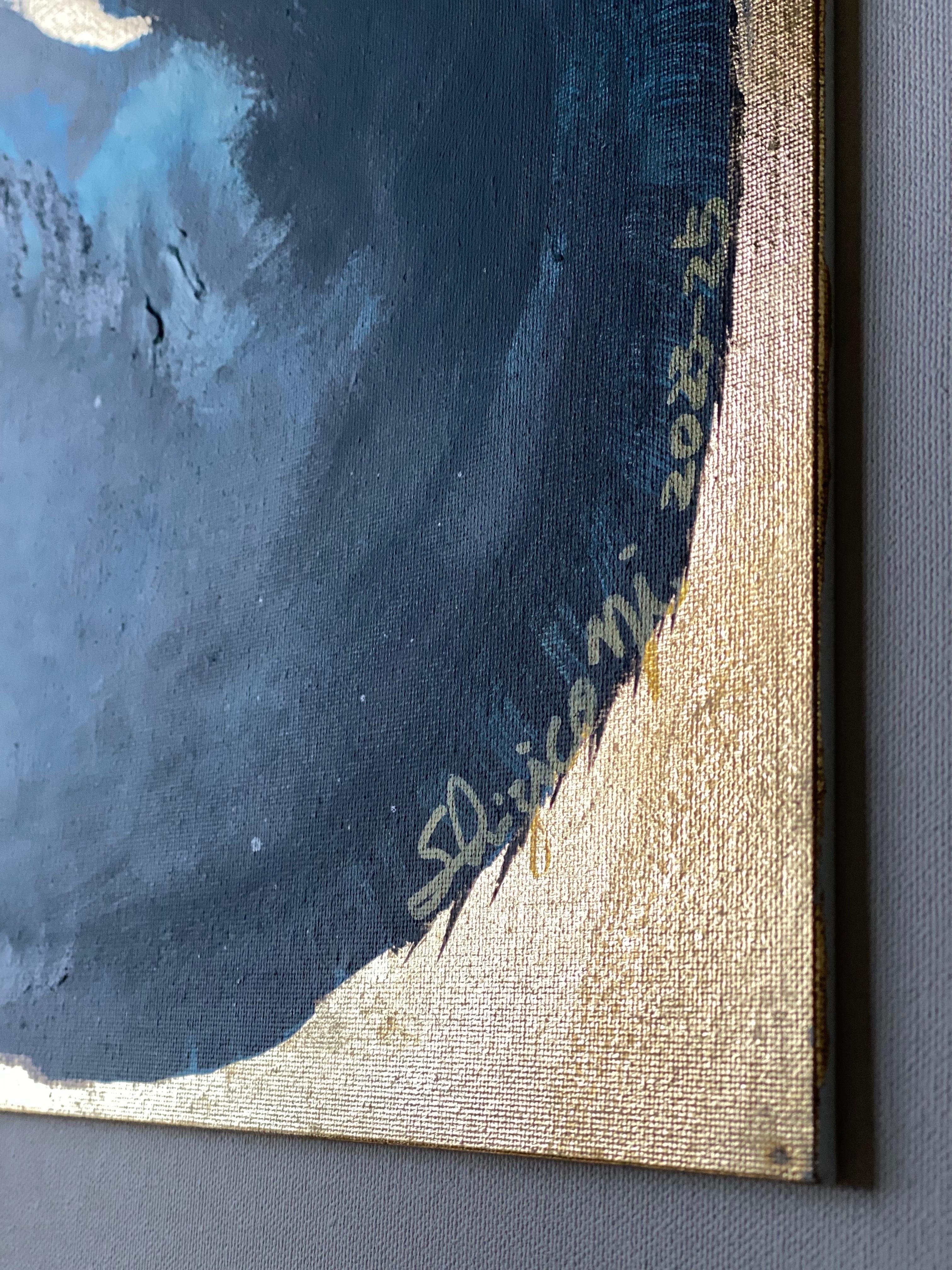 Original-Gato azul-Hoja de oro-Artista británico premiado-expresión surrealista-abstracto en venta 2