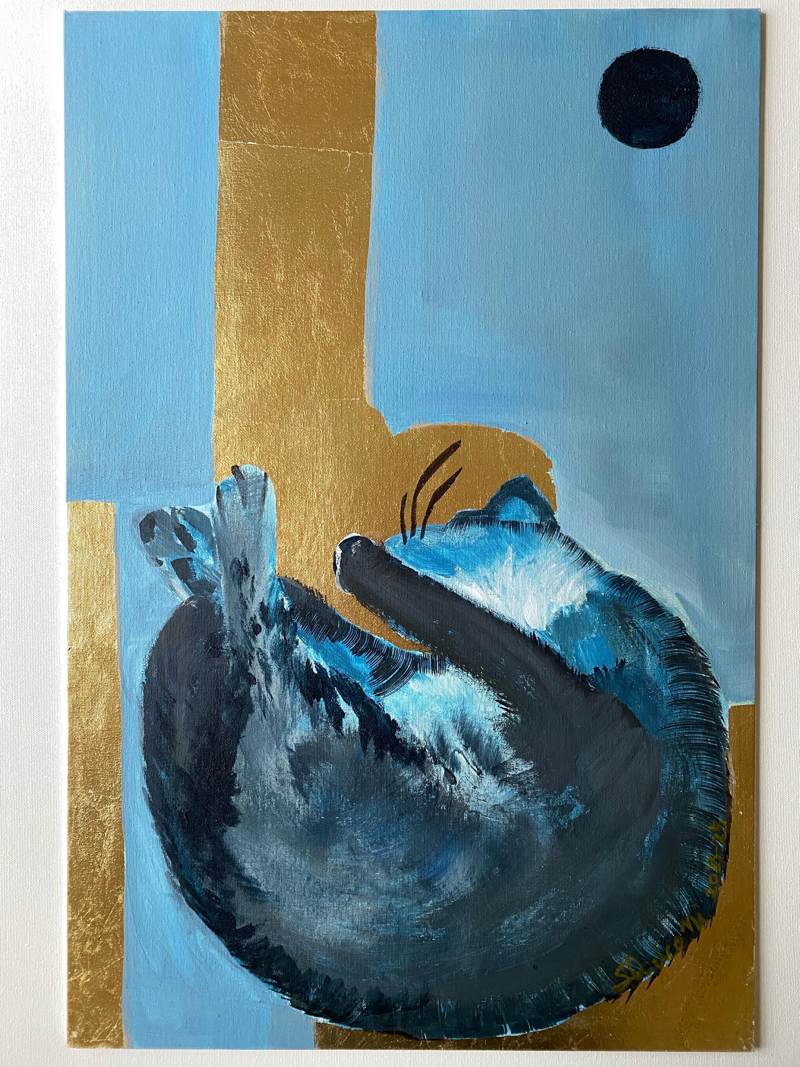 Original-Gato azul-Hoja de oro-Artista británico premiado-expresión surrealista-abstracto en venta 9