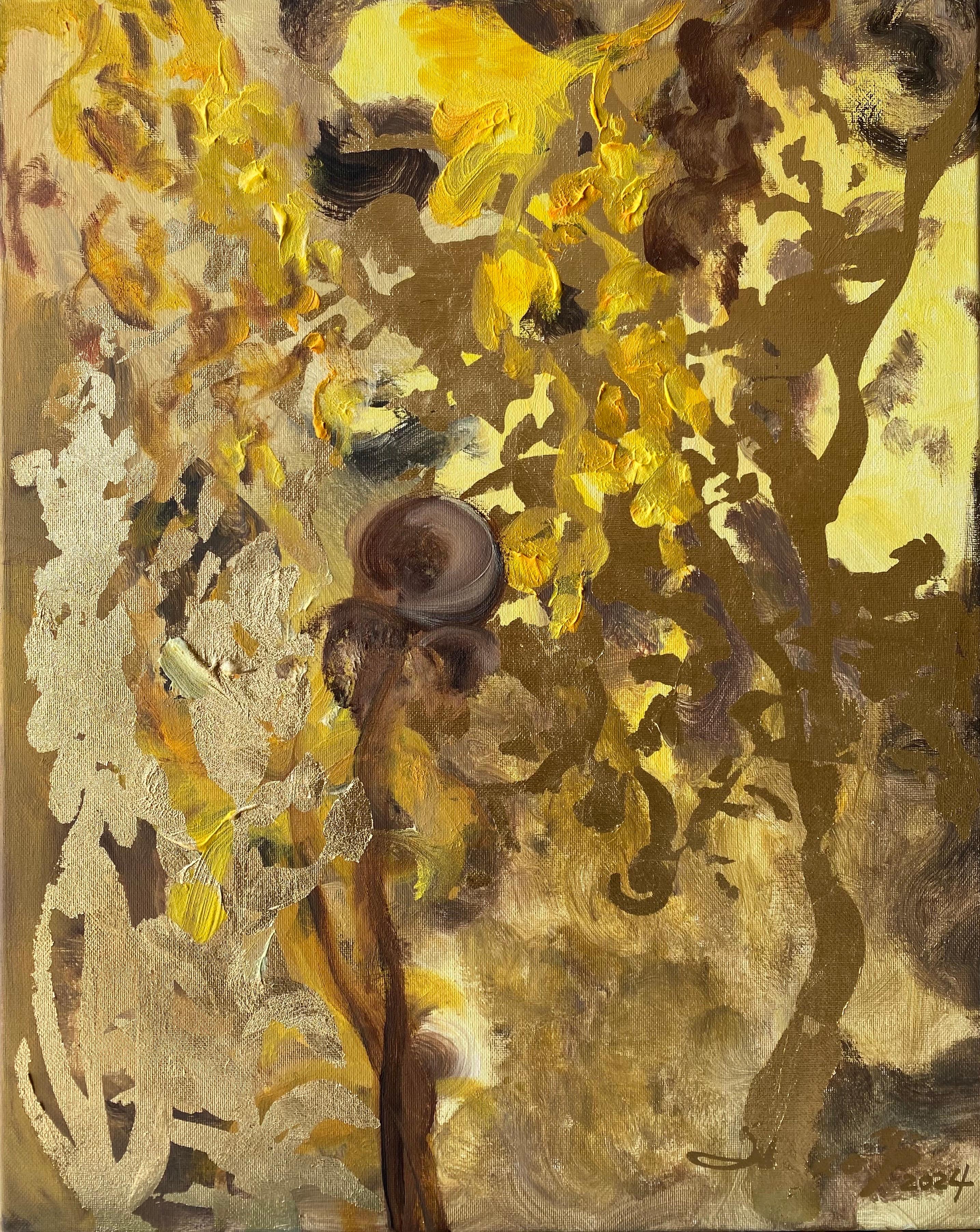 Original-Dahlias en el crepúsculo-Artista británico premiado-Colección de exposición-hoja de oro