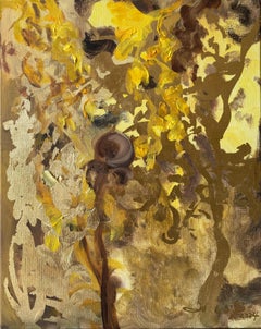 Original-Dahlias en el crepúsculo-Artista británico premiado-Colección de exposición-hoja de oro