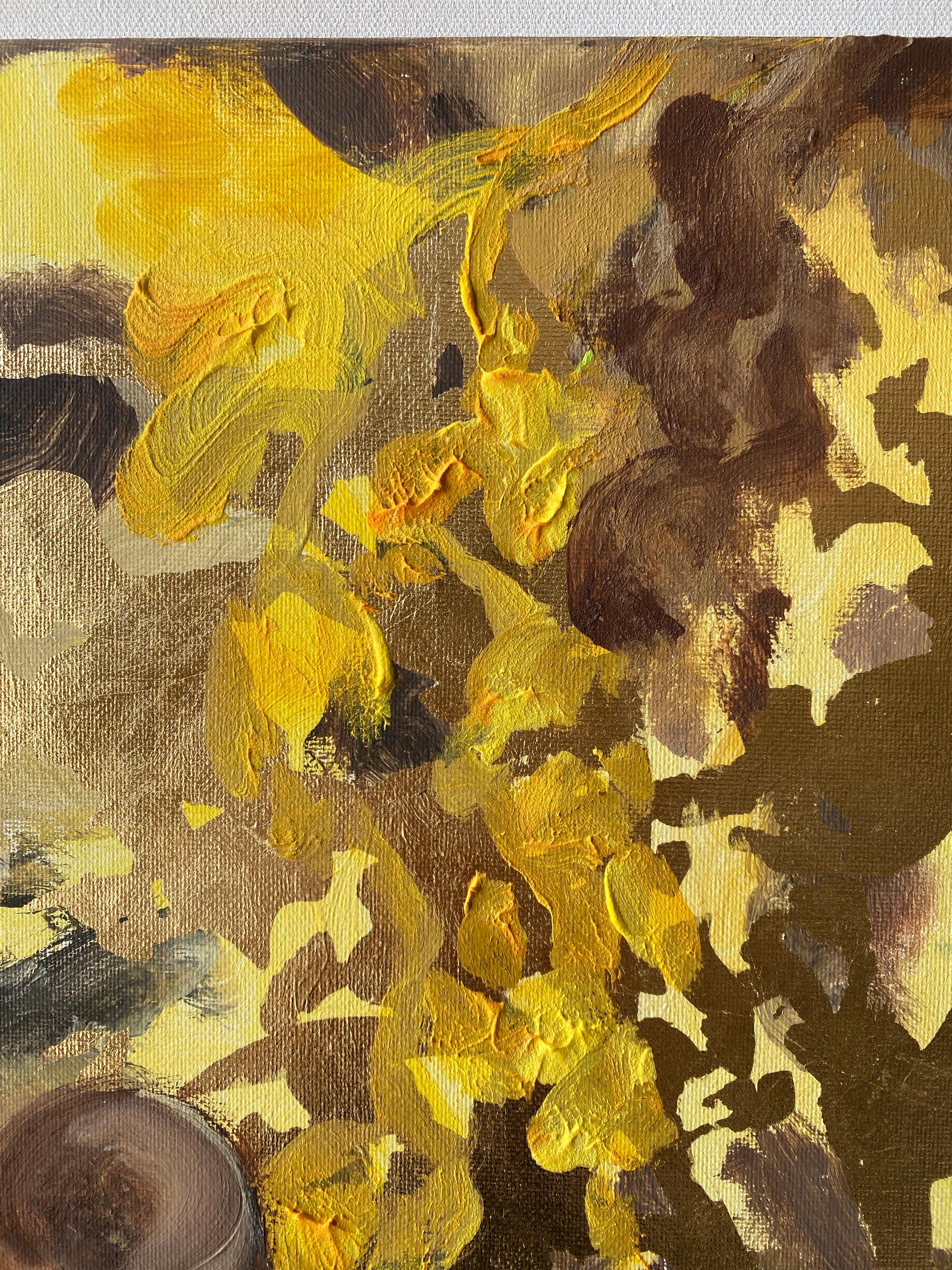 Original-Dahlias en el crepúsculo-Artista británico premiado-Colección de exposición-hoja de oro - Painting Expresionismo abstracto de Shizico Yi