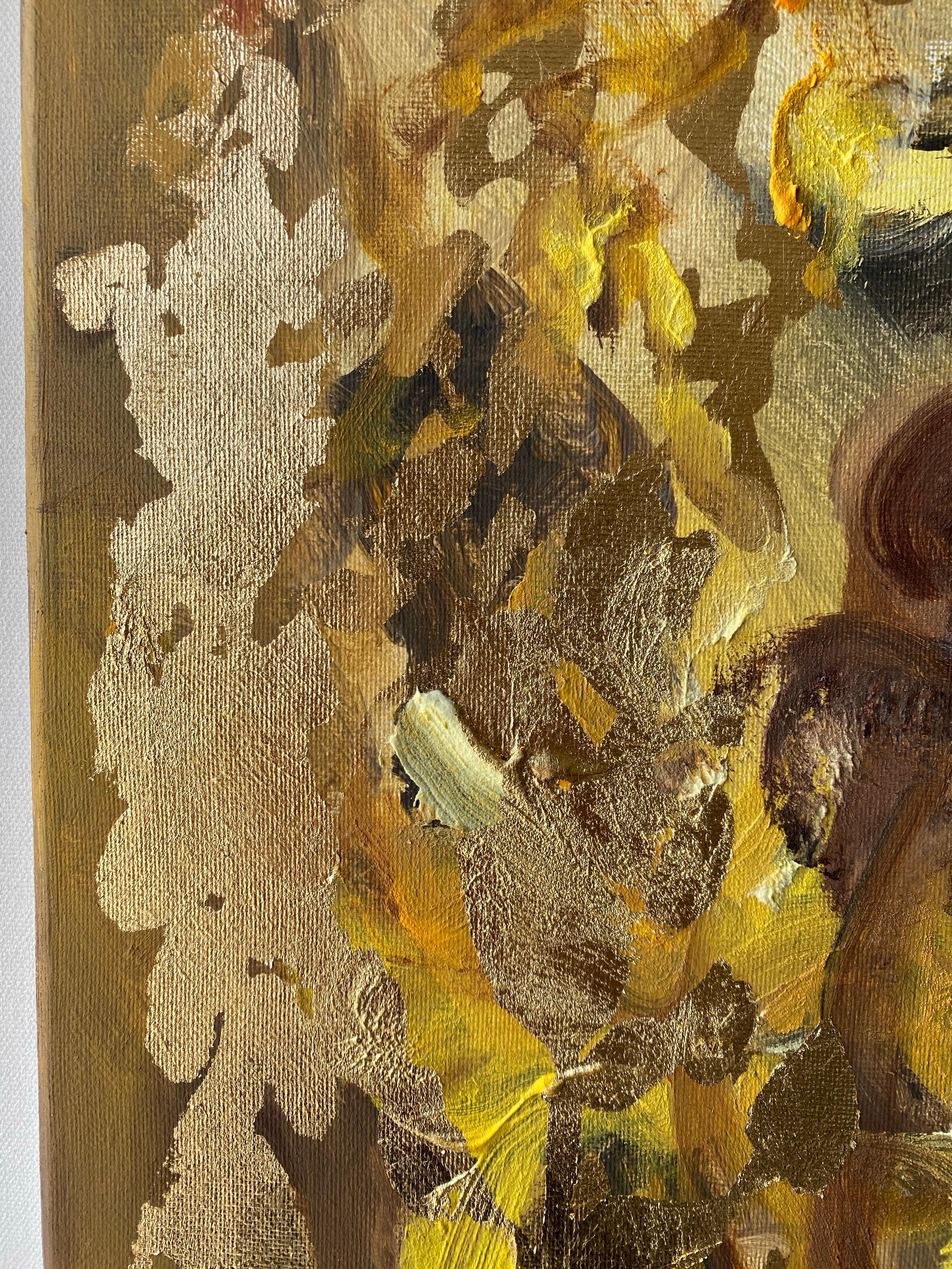 Original-Dahlias en el crepúsculo-Artista británico premiado-Colección de exposición-hoja de oro - Abstract Painting Oro de Shizico Yi