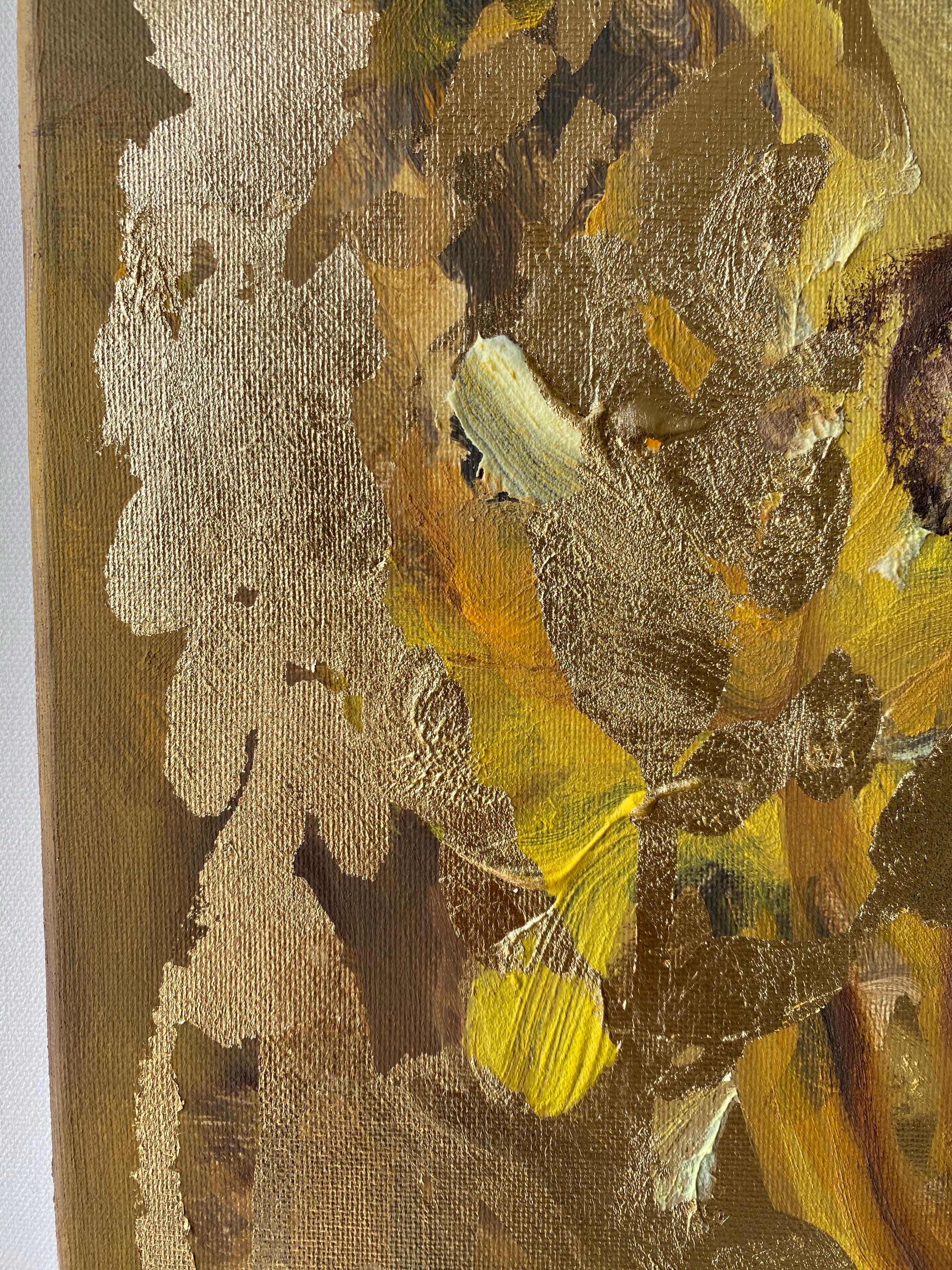 Original-Dahlias en el crepúsculo-Artista británico premiado-Colección de exposición-hoja de oro en venta 5
