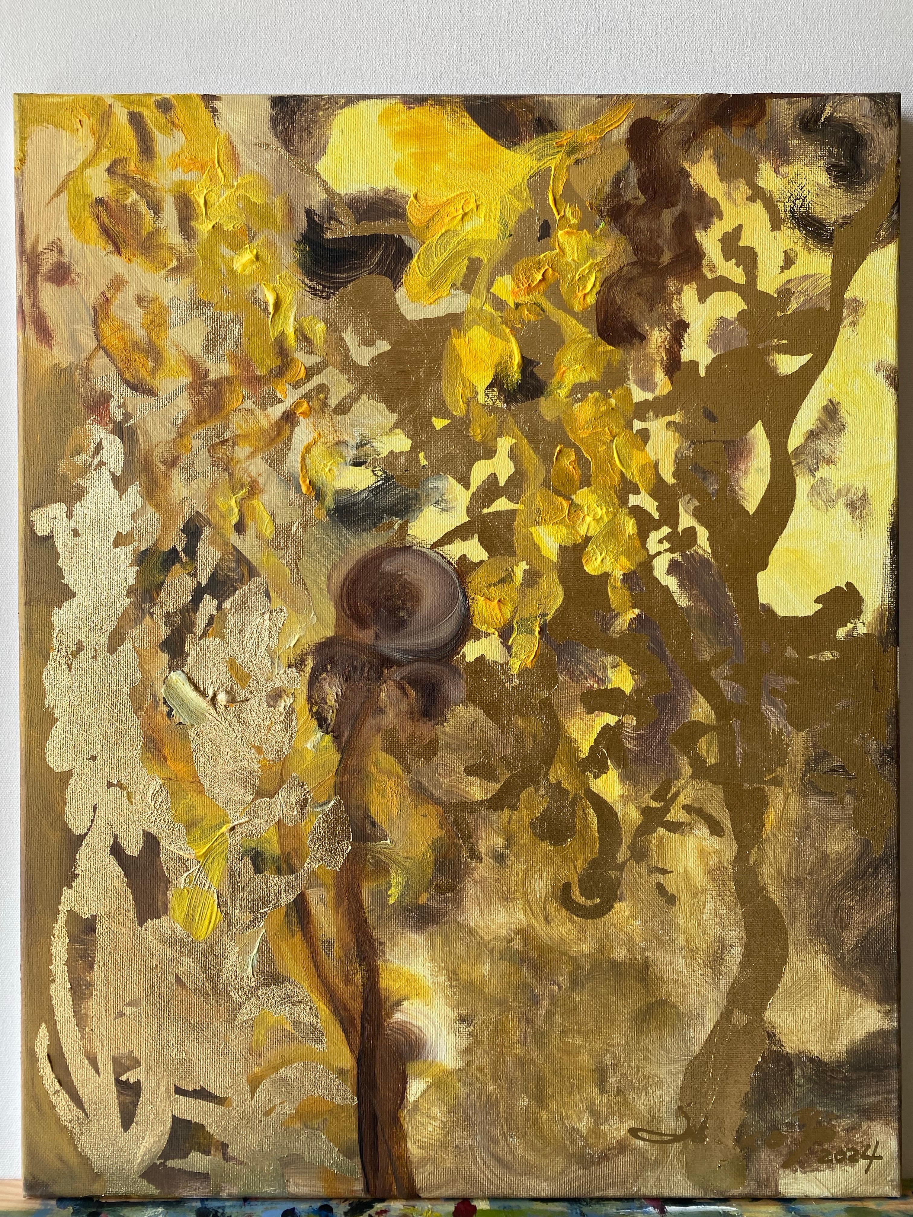 Original-Dahlias en el crepúsculo-Artista británico premiado-Colección de exposición-hoja de oro en venta 10
