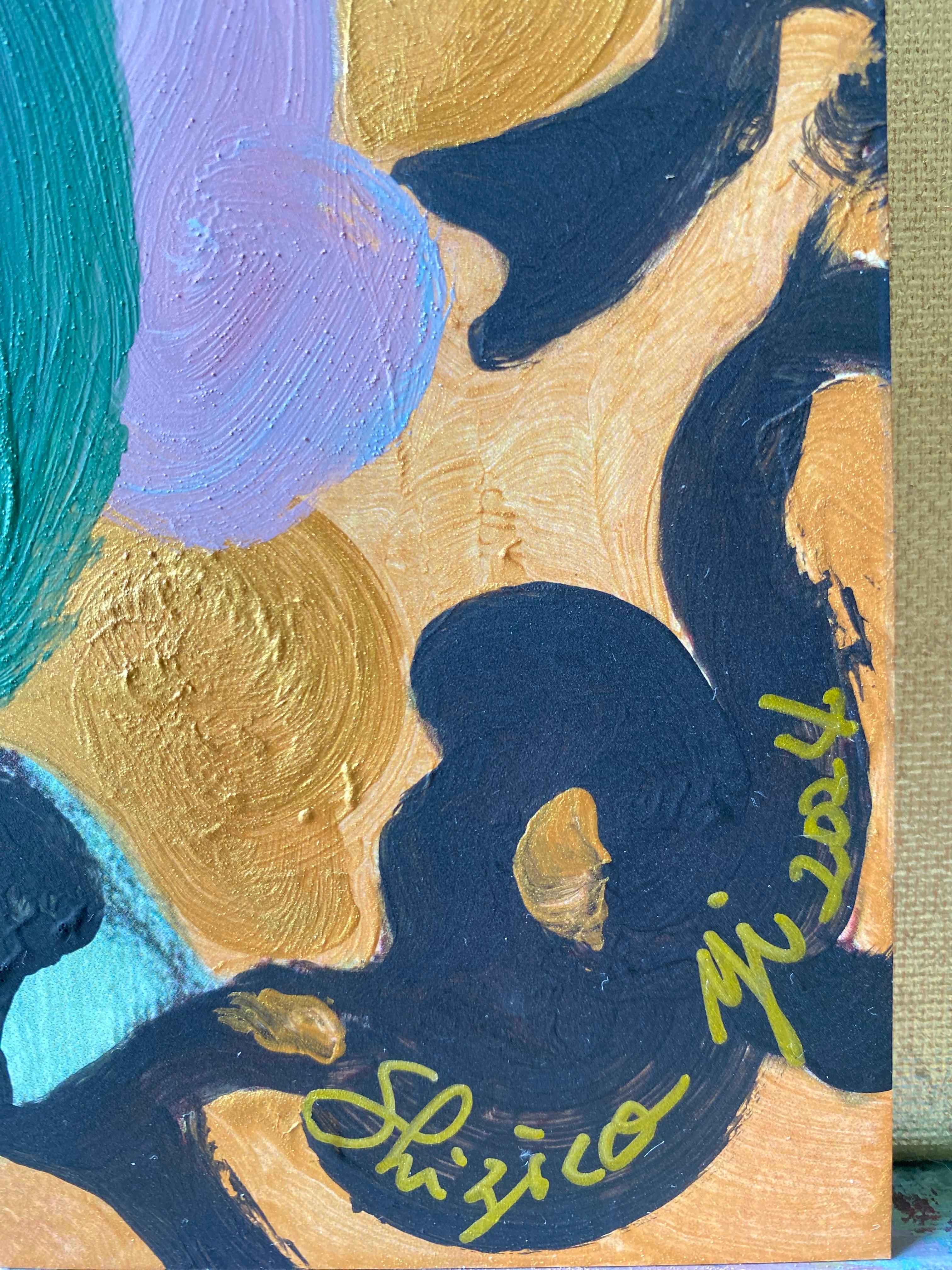 Dipinto a mano in edizione limitata #1-Prima Luna-UK Awarded Artist-olio, oro su Giclée - Abstract Print Marrone di Shizico Yi