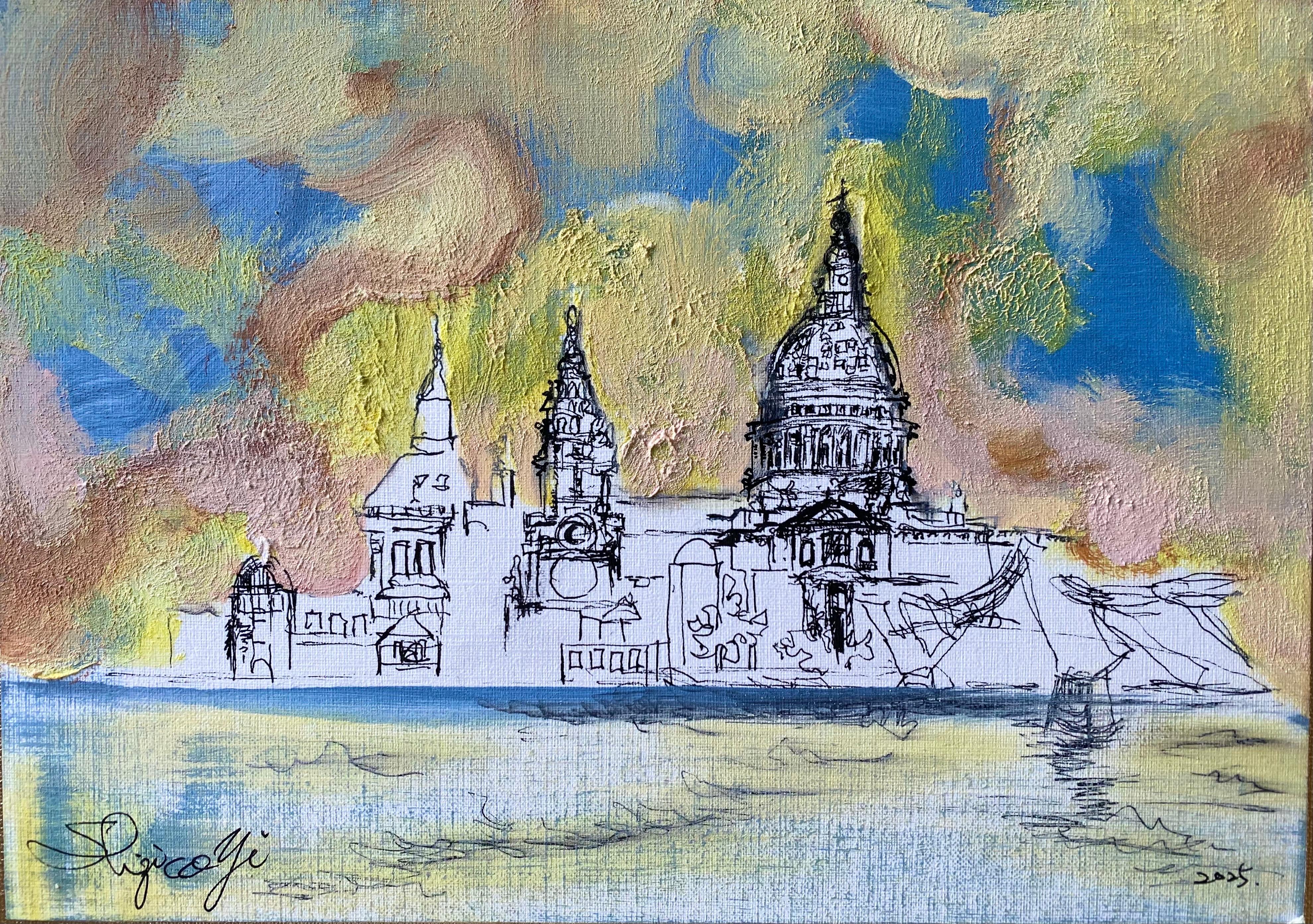 Abstract Drawing de Shizico Yi - De la serie Londres con amor-Artista británico premiado-Tinta y óleo Dibujo sobre papel