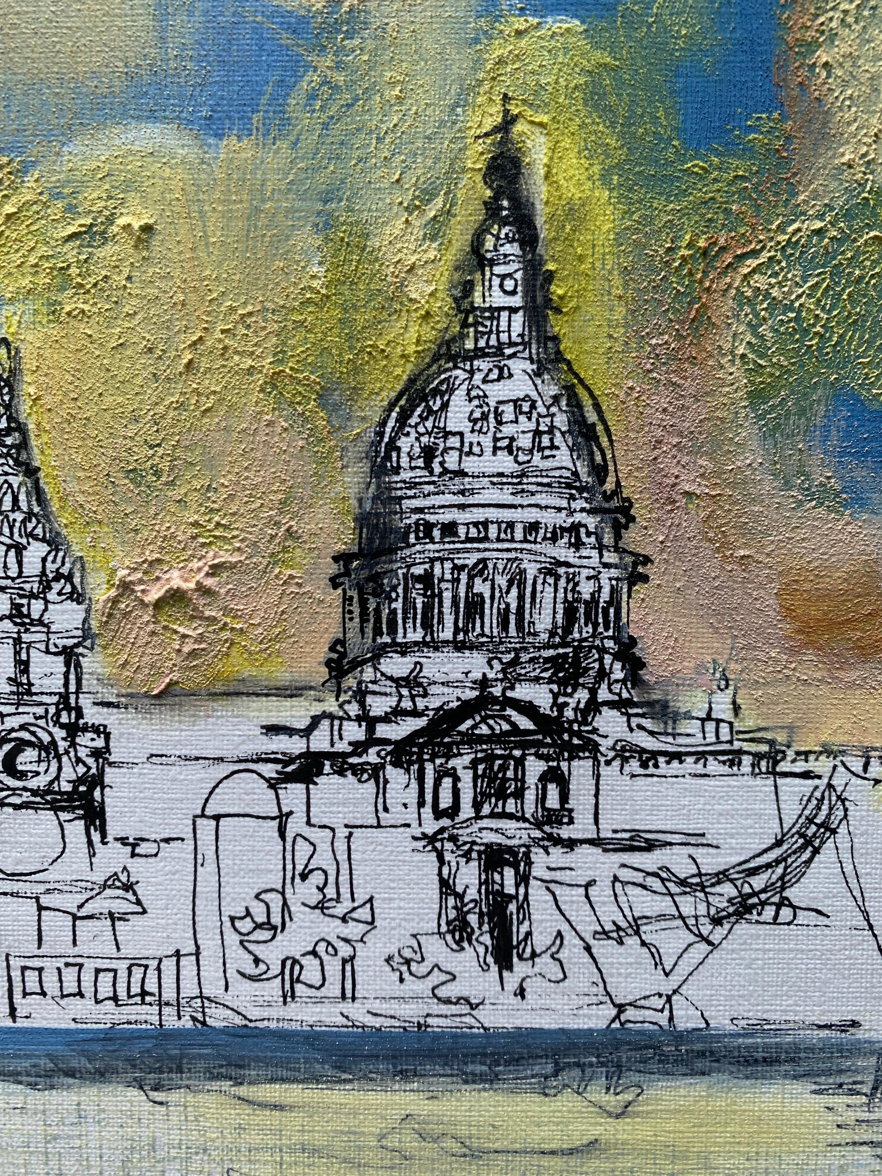De la serie Londres con amor-Artista británico premiado-Tinta y óleo Dibujo sobre papel - Abstract Drawing Gris de Shizico Yi