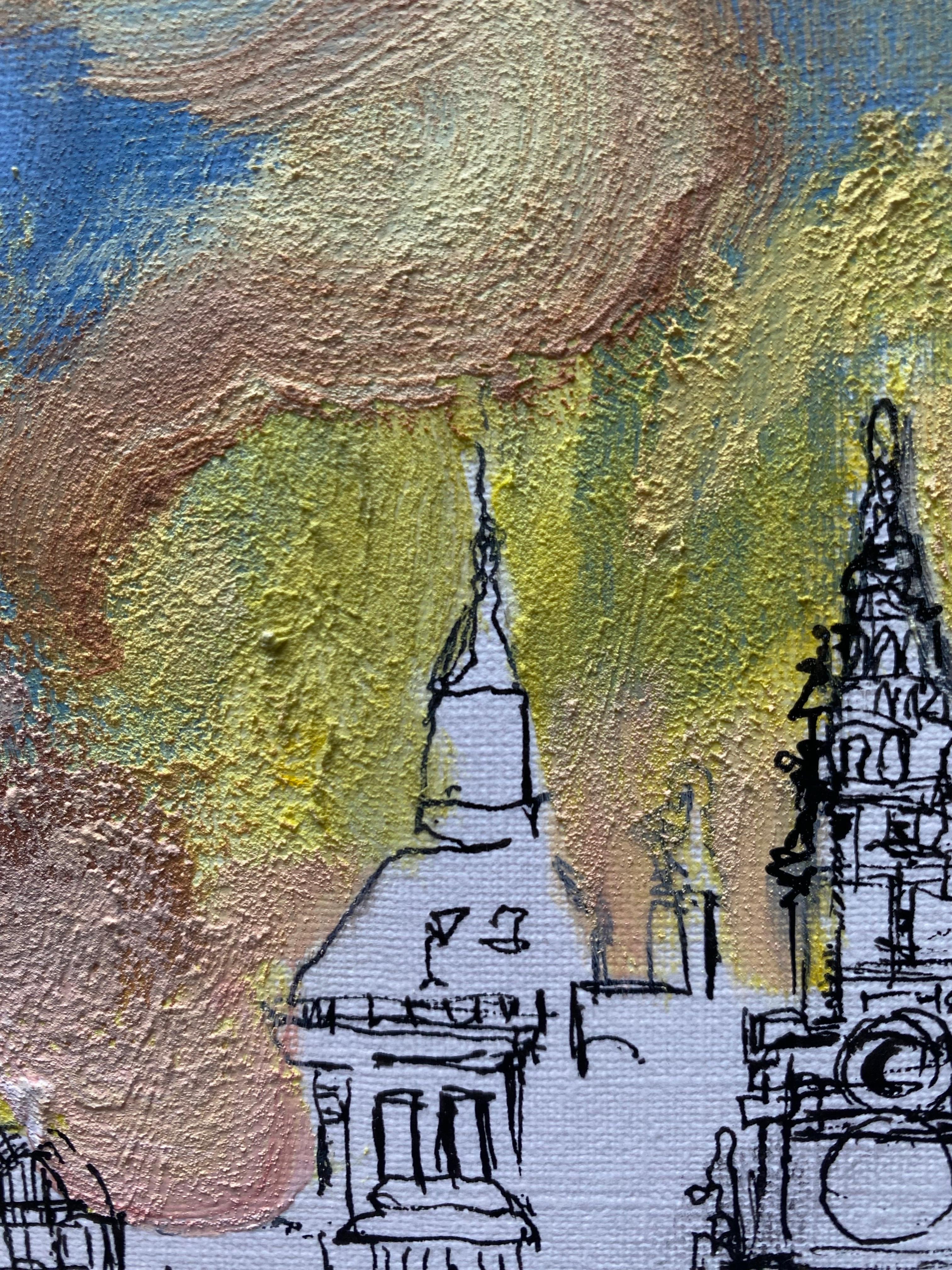 De la serie Londres con amor-Artista británico premiado-Tinta y óleo Dibujo sobre papel en venta 4