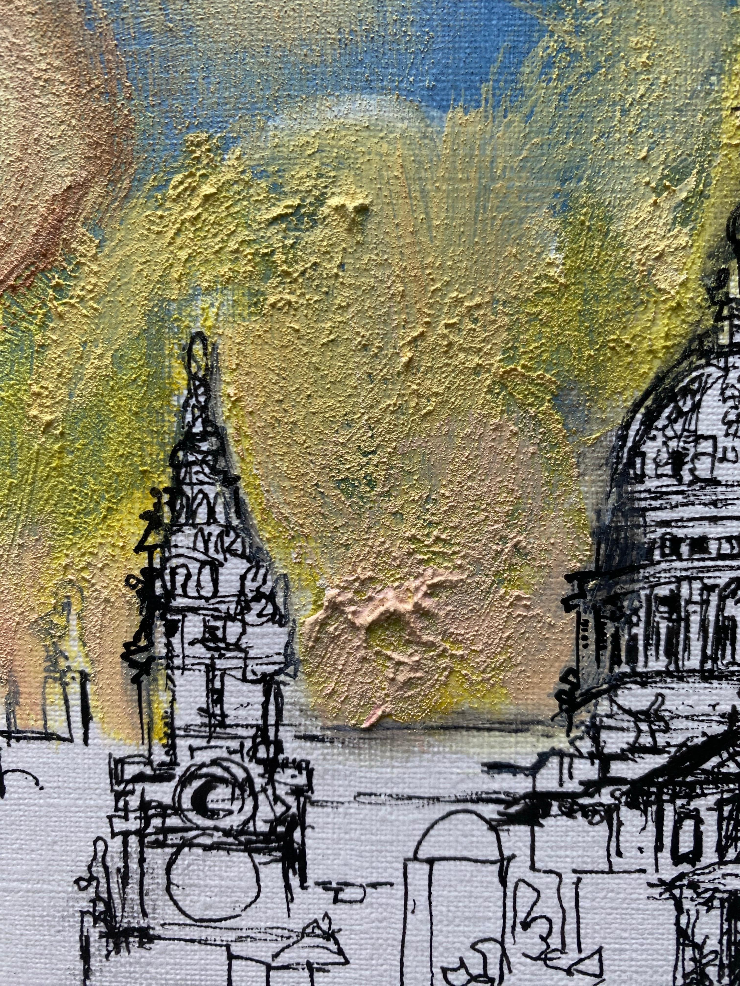 De la serie Londres con amor-Artista británico premiado-Tinta y óleo Dibujo sobre papel en venta 3