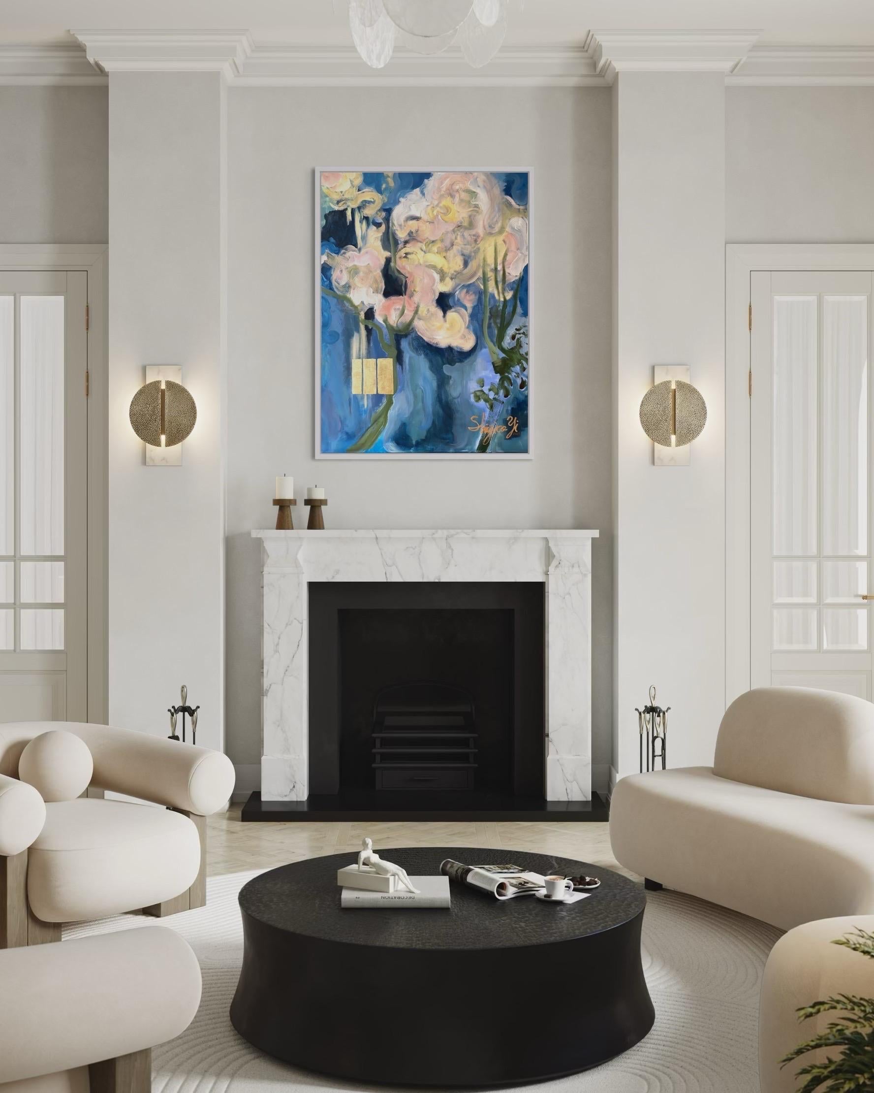 Having a Cigarette among Pink and Blue-pure 18K Gold Leaf-British Awarded Artist - Painting by Shizico Yi