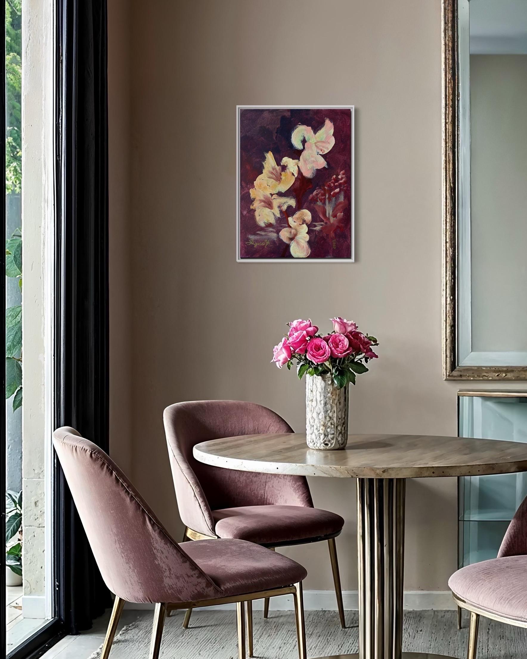 Original-Jardin d'Automne-British Awarded Artist-Gladiolus-Elderberries-oil - Black Abstract Painting by Shizico Yi
