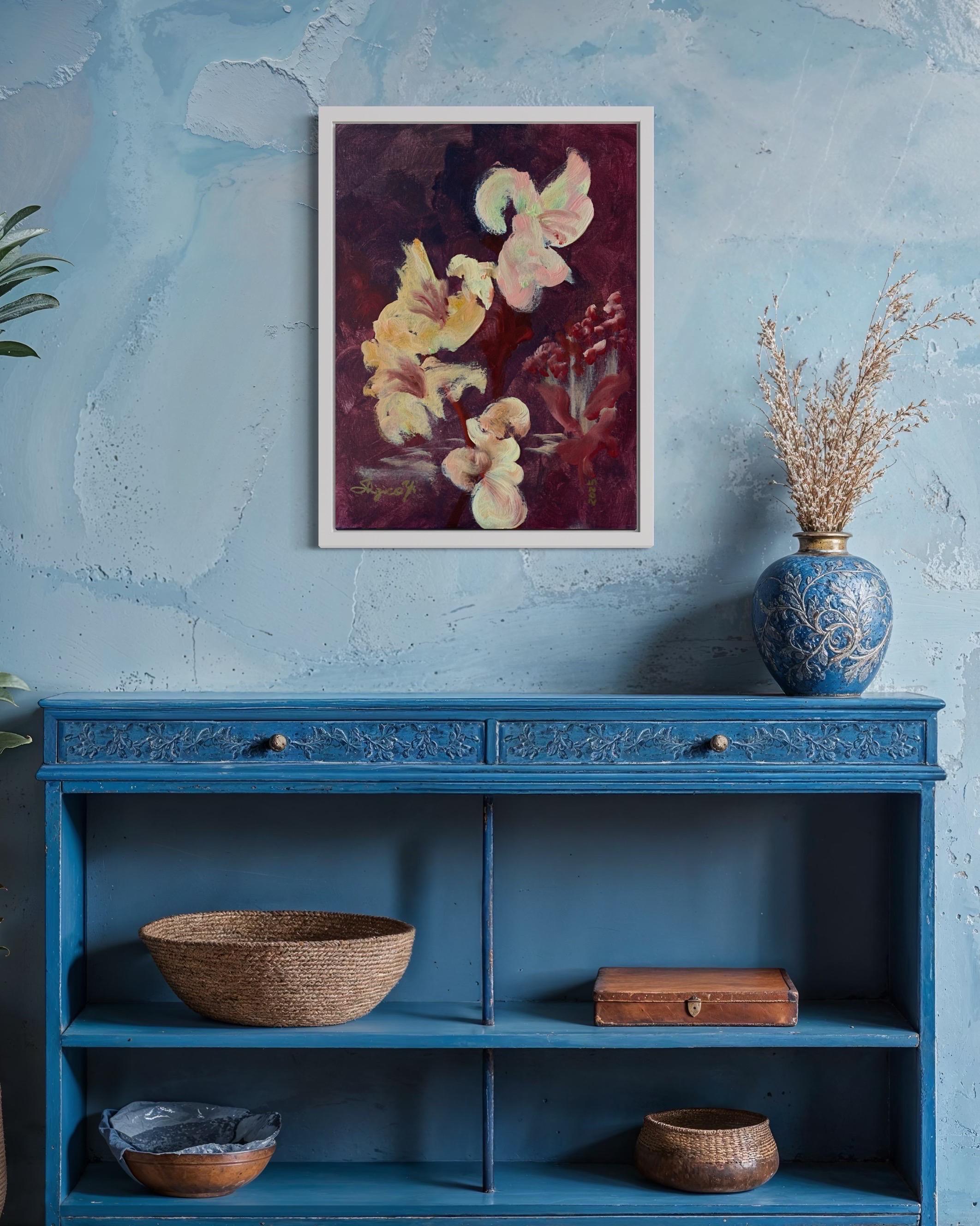 Original-Jardin d'Automne-British Awarded Artist-Gladiolus-Elderberries-oil - Painting by Shizico Yi