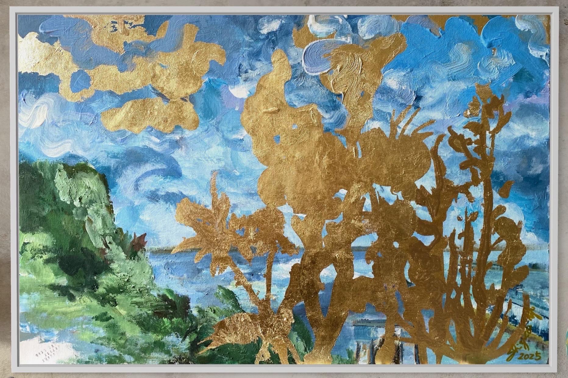 Original-Landscape Memory-Large Seascape-British Awarded Artist-Gold Leaf, Oil - Impressionist Painting by Shizico Yi