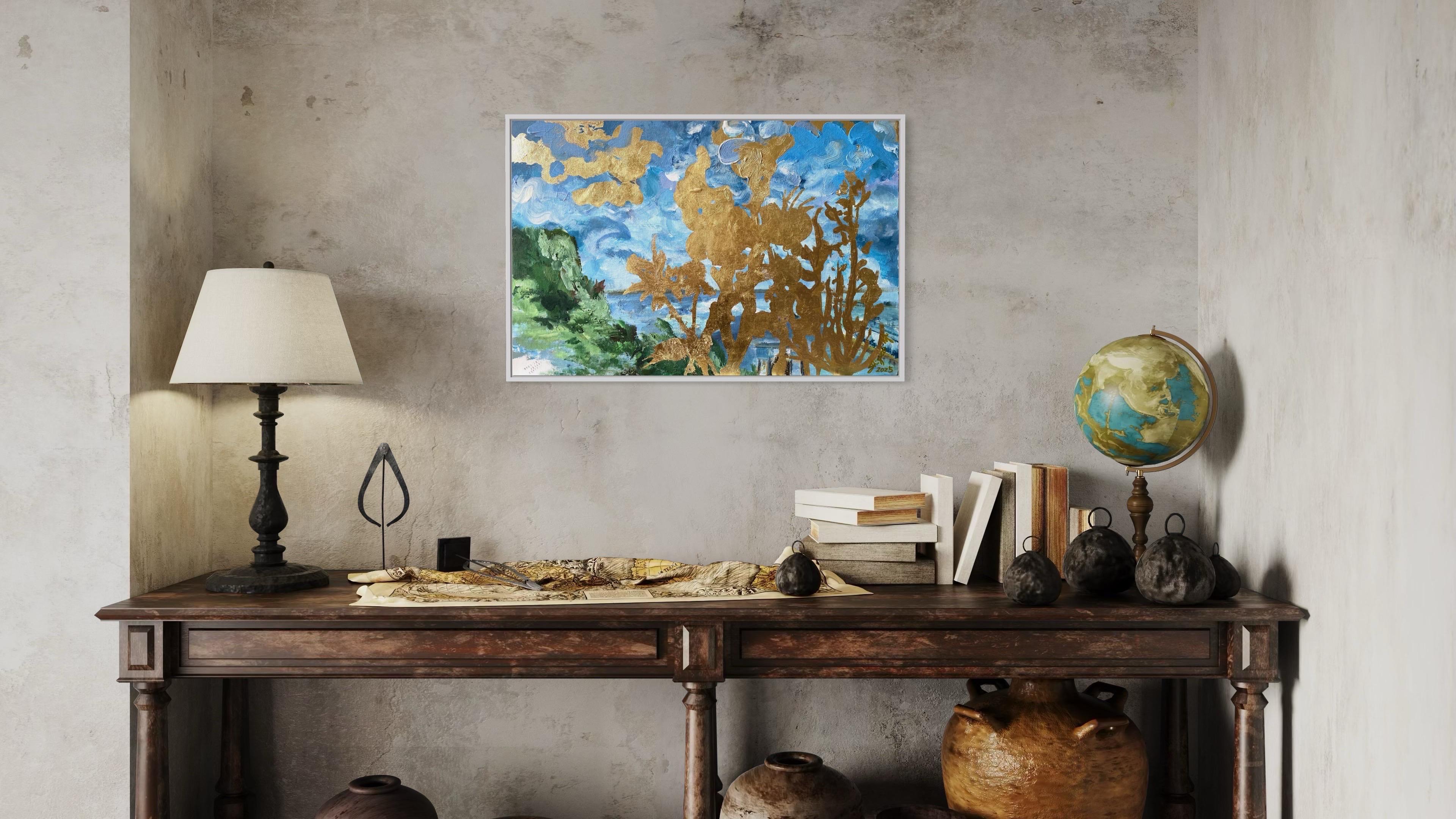 Original-Landscape Memory-Large Seascape-British Awarded Artist-Gold Leaf, Oil - Painting by Shizico Yi