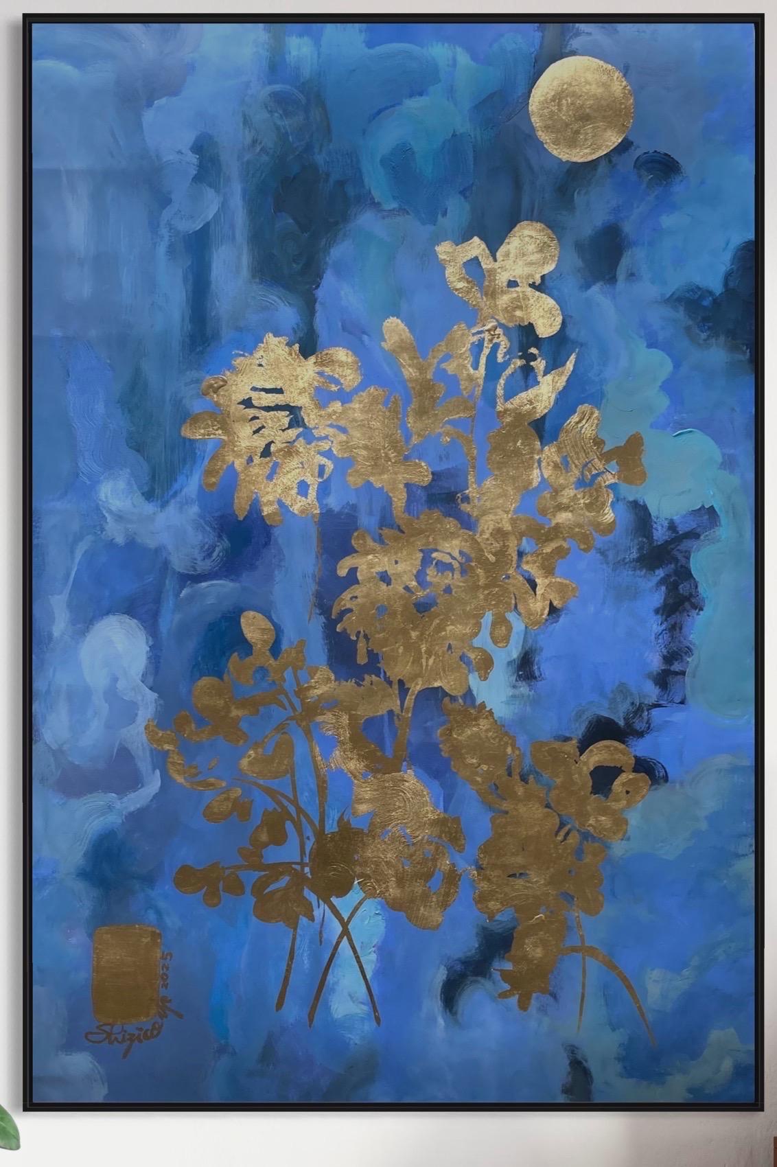 August Moon - Épreuve d'artiste en un exemplaire - Peint à la main - Artistique britannique primé - Feuille d'or - Or Landscape Print par Shizico Yi