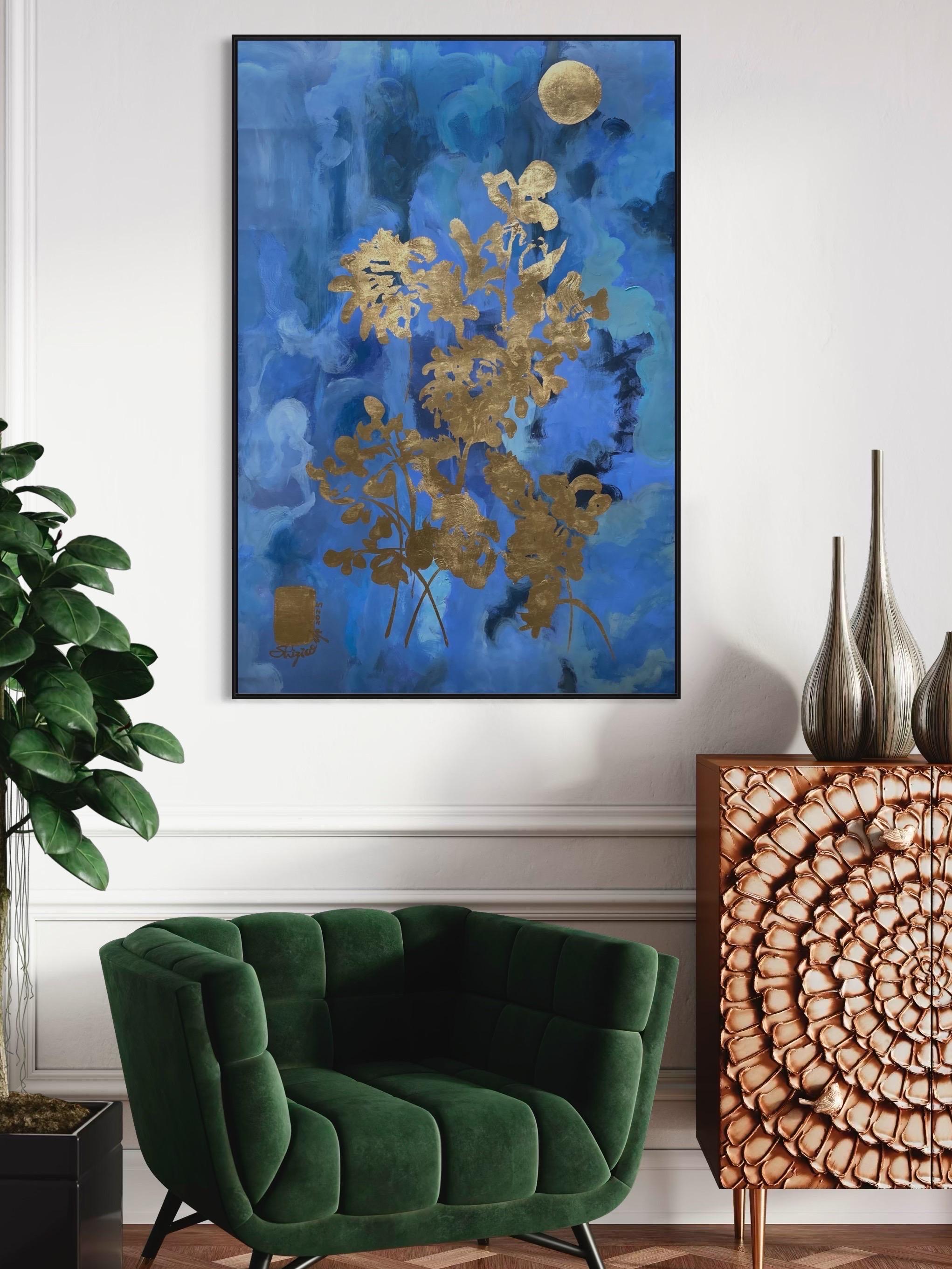 August Moon - Épreuve d'artiste en un exemplaire - Peint à la main - Artistique britannique primé - Feuille d'or - Expressionnisme abstrait Print par Shizico Yi