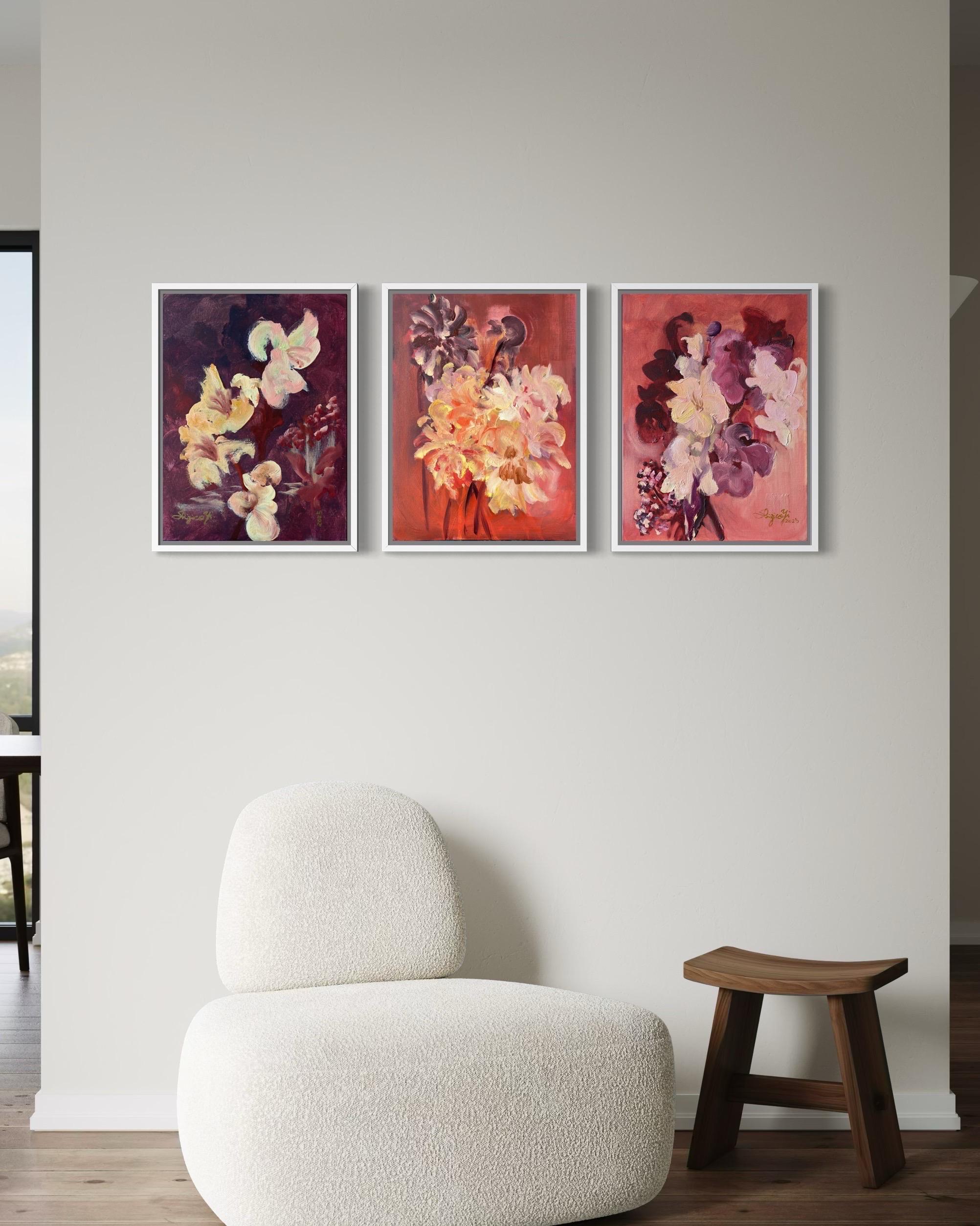 Original Triptych-Gladiolus, Dahlias, and Elderberry-British Awarded Artist-oil - Painting by Shizico Yi