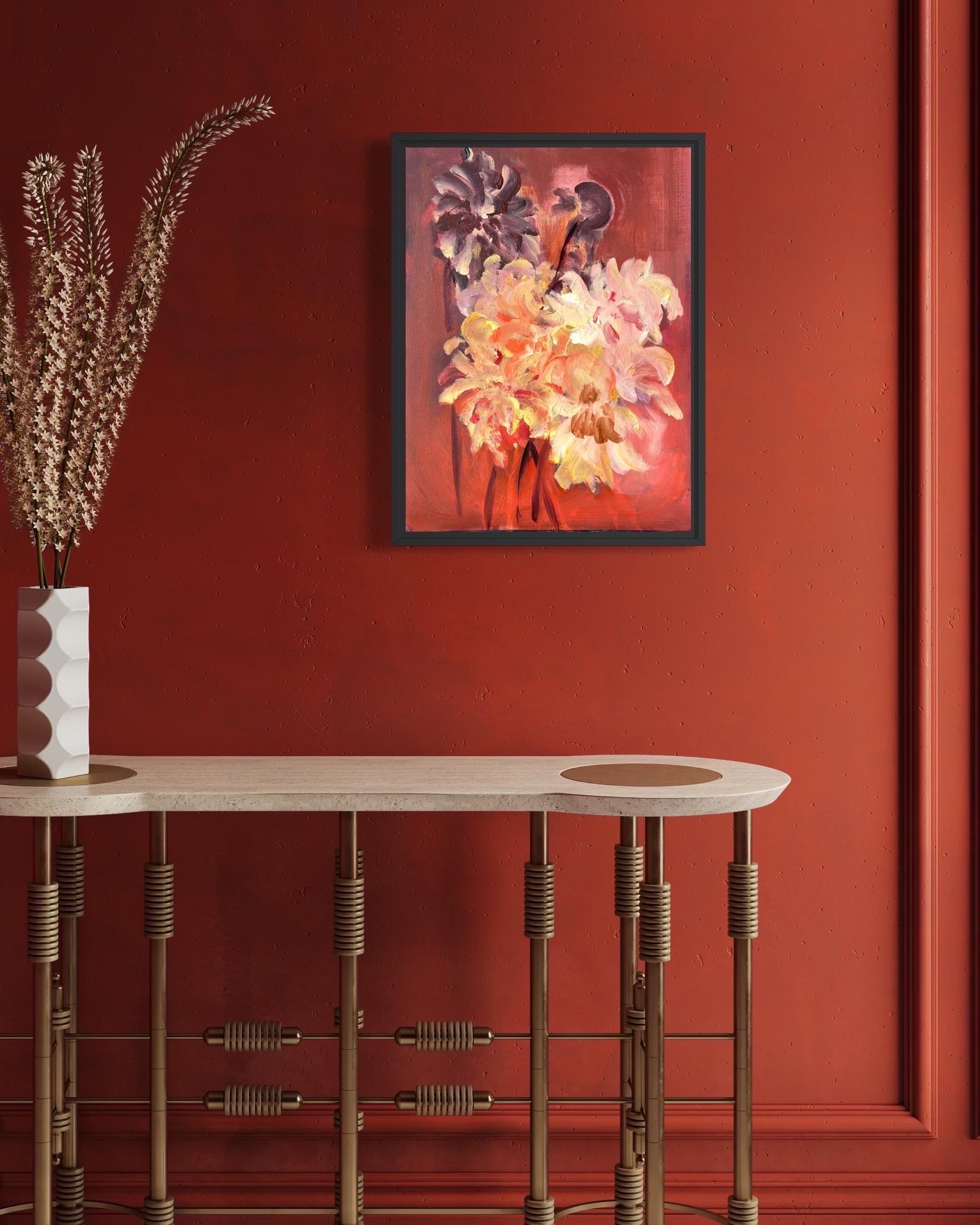 Original Triptych-Gladiolus, Dahlias, and Elderberry-British Awarded Artist-oil - Brown Landscape Painting by Shizico Yi
