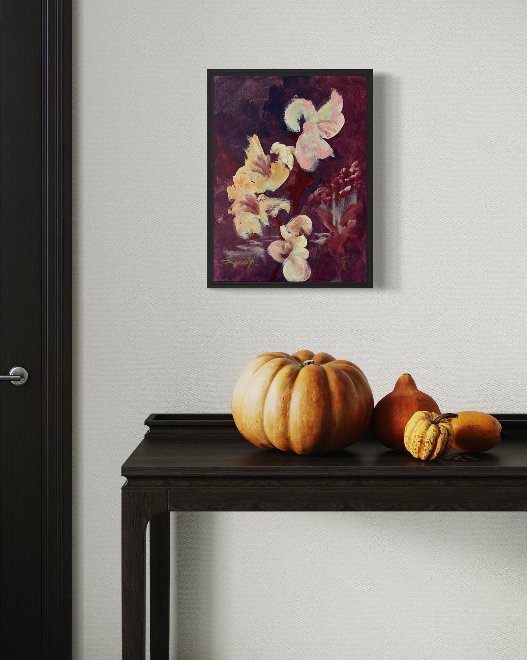 Original Triptych-Gladiolus, Dahlias, and Elderberry-British Awarded Artist-oil For Sale 3