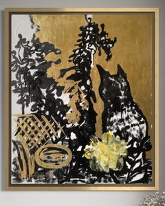 Original-Cat, Pond, Trellis with Lime Trees-British Awarded Artist-Gold Leaf+Ink