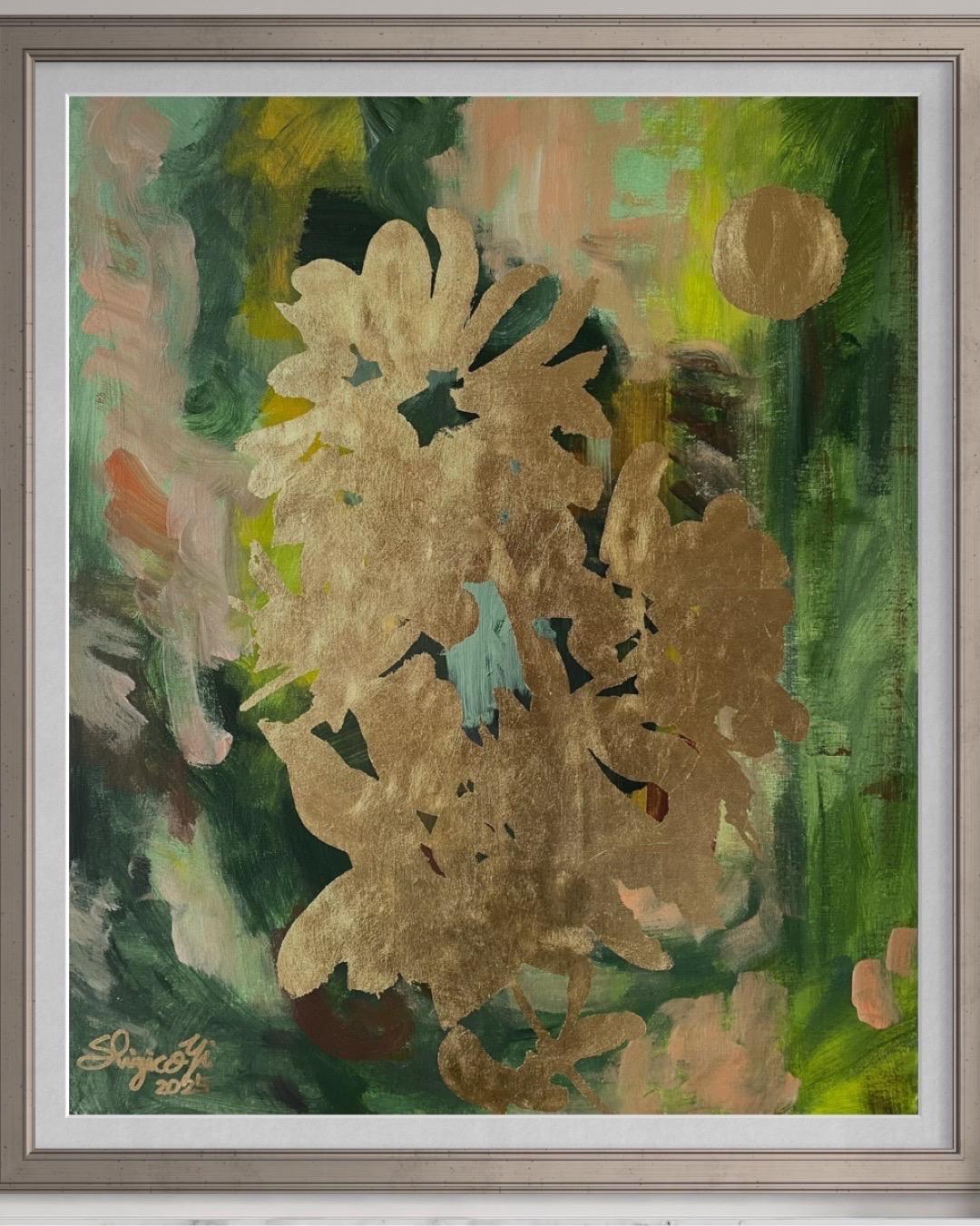 Original-Moon Lit Dahlias-British Awarded Artist-Gold Leaf on oil canvas Board For Sale 15