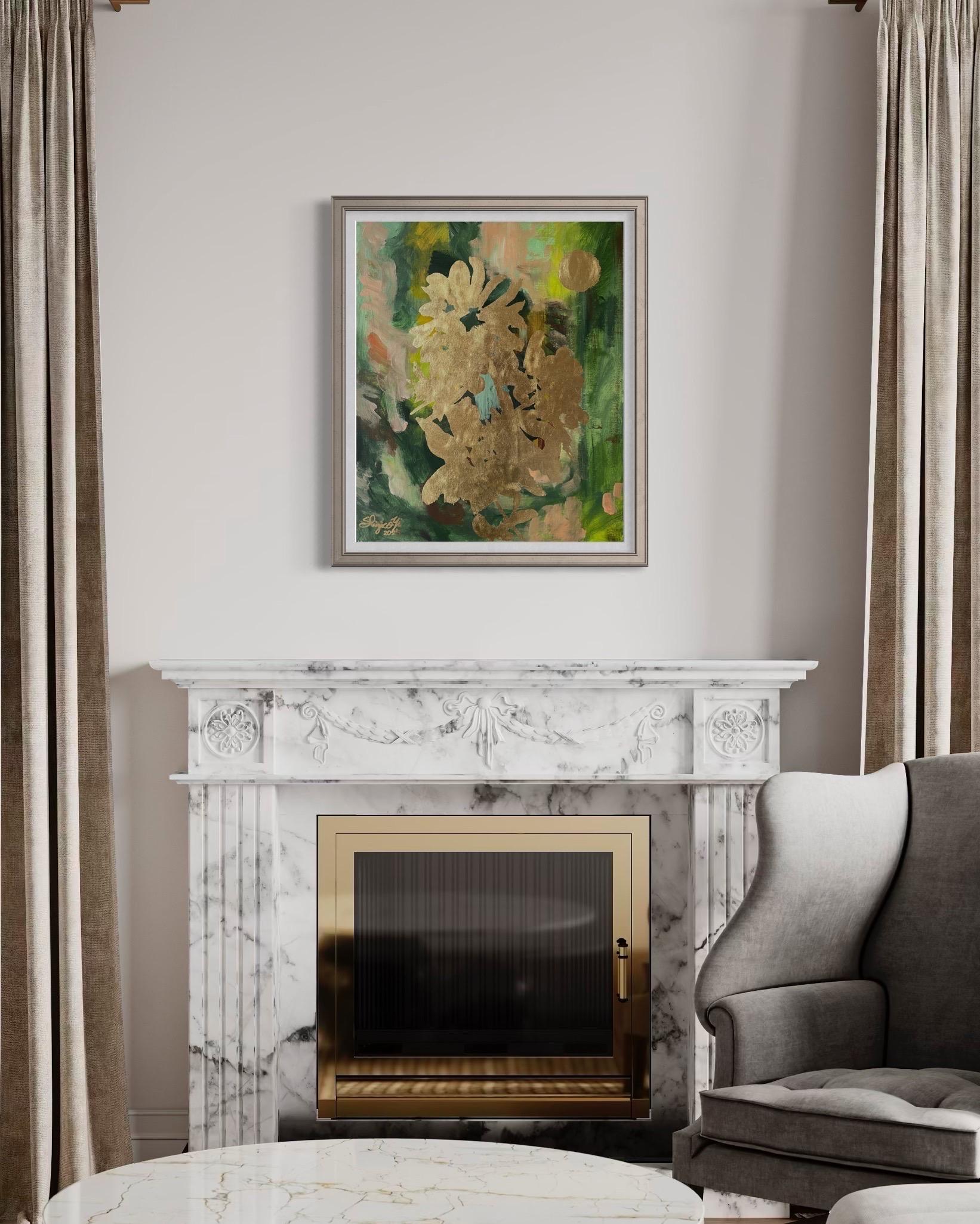 Original-Moon Lit Dahlias-British Awarded Artist-Gold Leaf on oil canvas Board - Painting by Shizico Yi