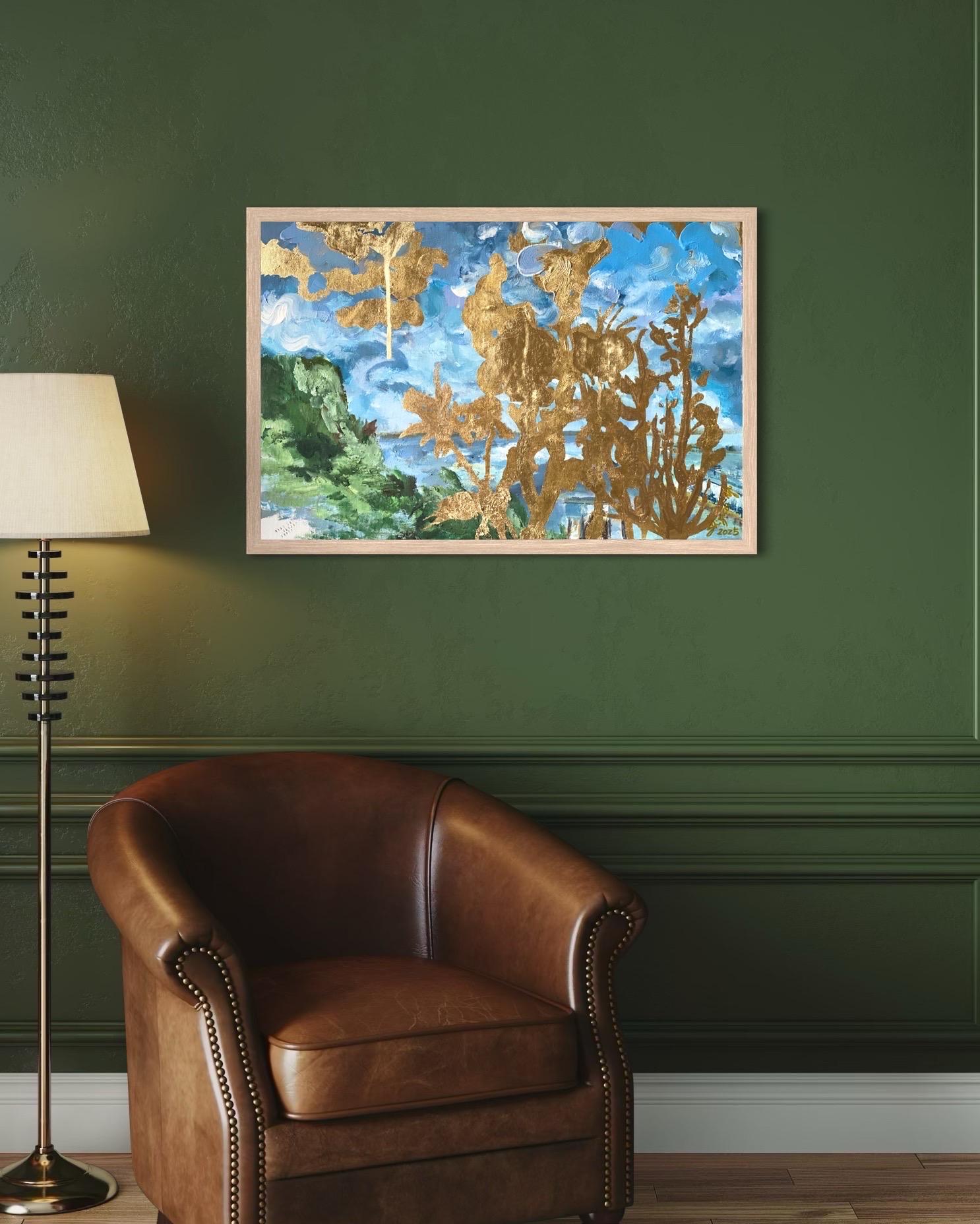 Original-Landscape Memory-Large Seascape-British Awarded Artist-Gold Leaf, Oil - Painting by Shizico Yi