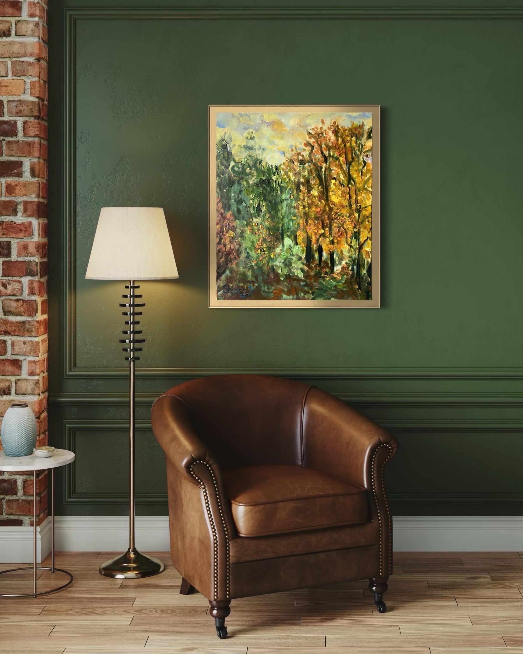 Original - Chemin de tilleuls en automne - Artistique britannique primé - en plein air - Toile à l'huile - Painting de Shizico Yi