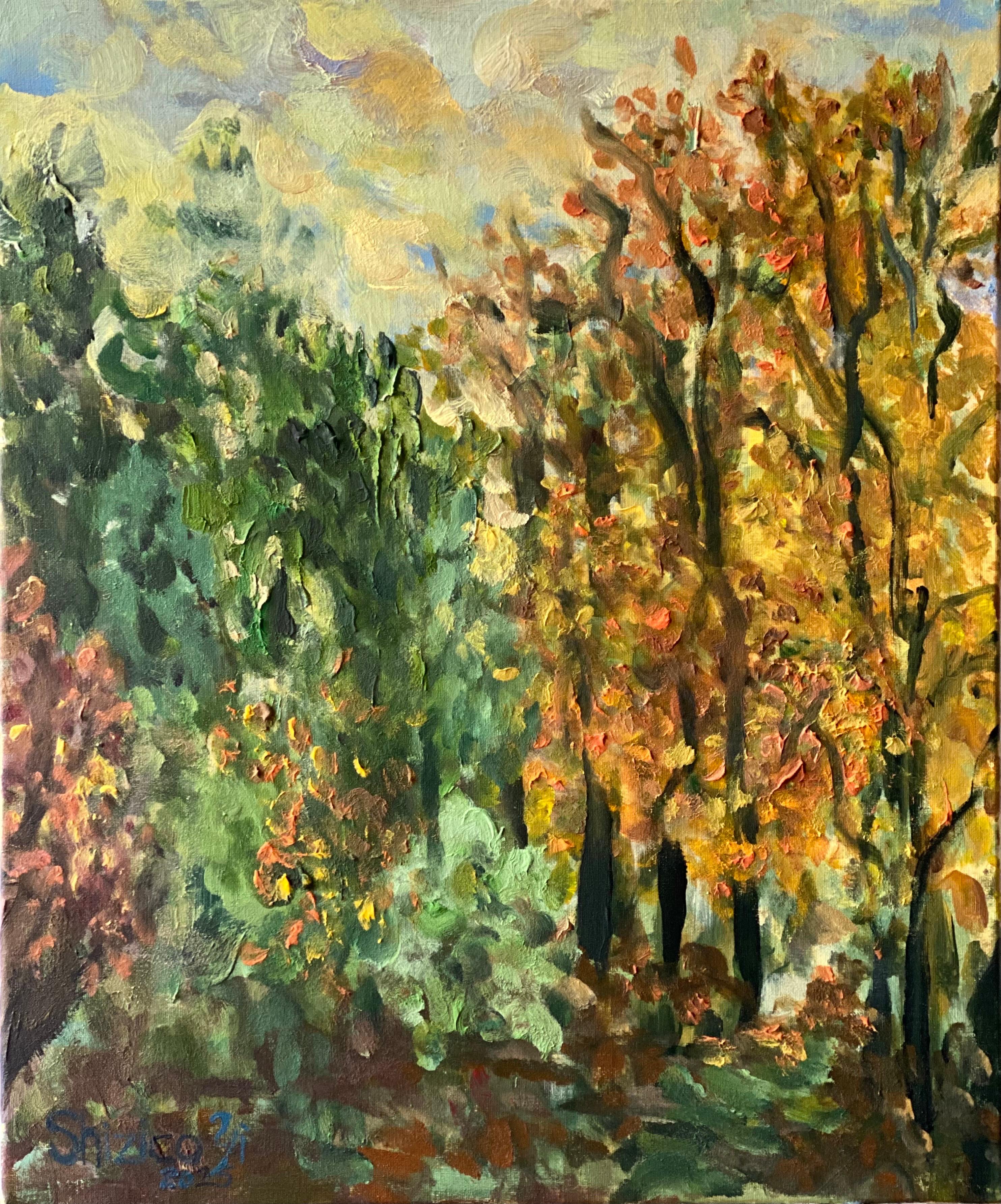 Original - Chemin de tilleuls en automne - Artistique britannique primé - en plein air - Toile à l'huile