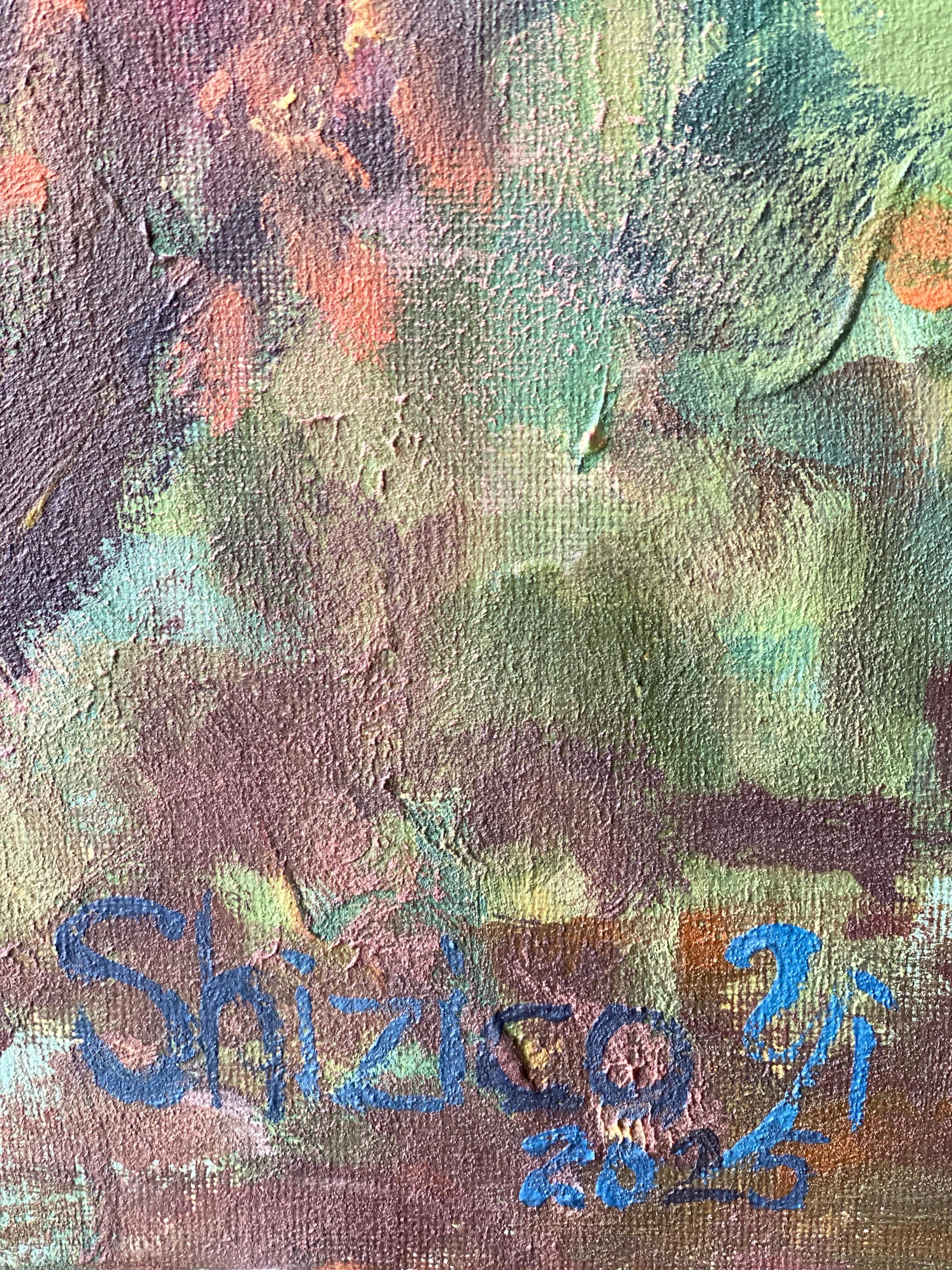 Original - Chemin de tilleuls en automne - Artistique britannique primé - en plein air - Toile à l'huile - Impressionnisme abstrait Painting par Shizico Yi