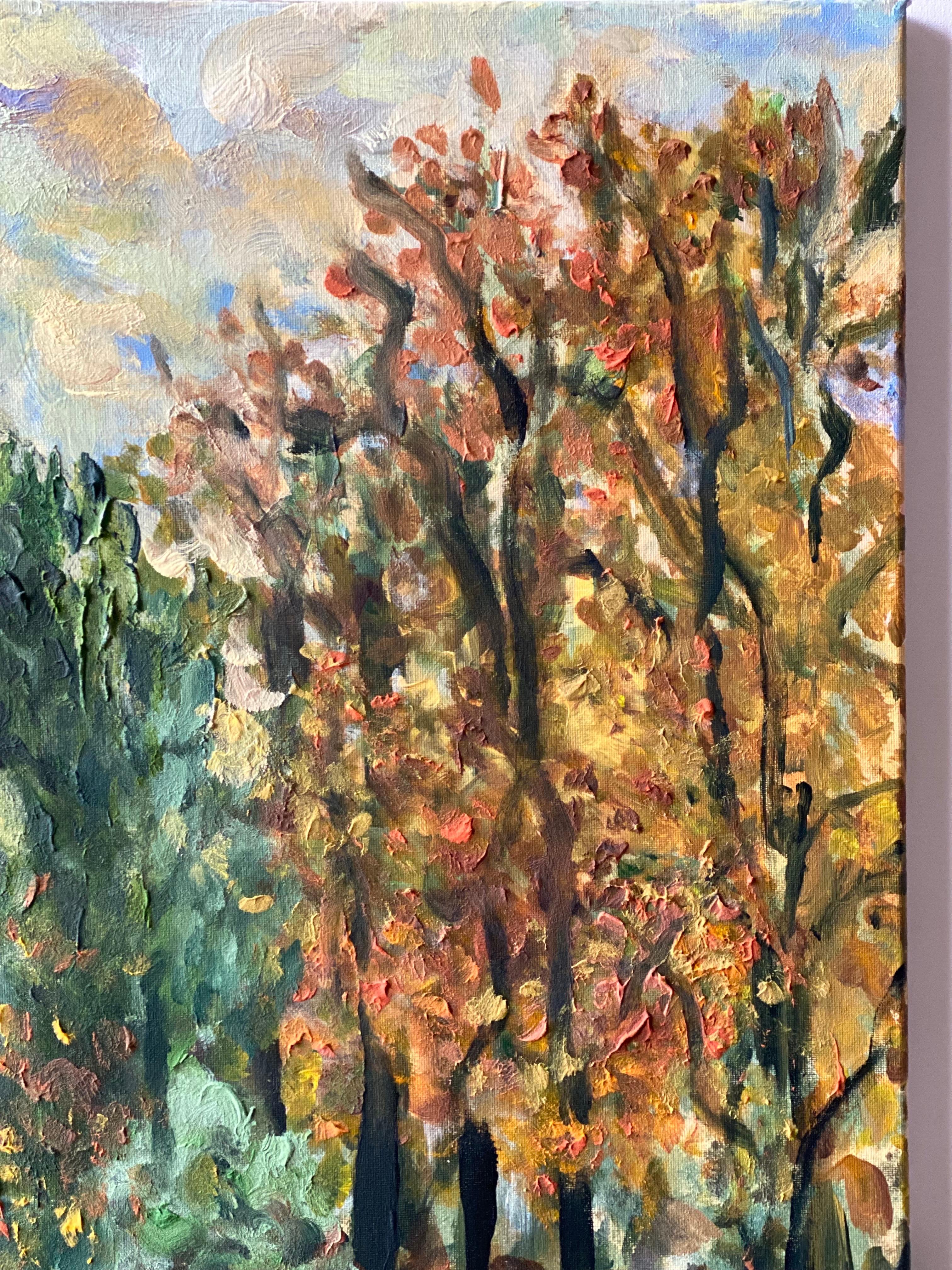 Original - Chemin de tilleuls en automne - Artistique britannique primé - en plein air - Toile à l'huile en vente 1