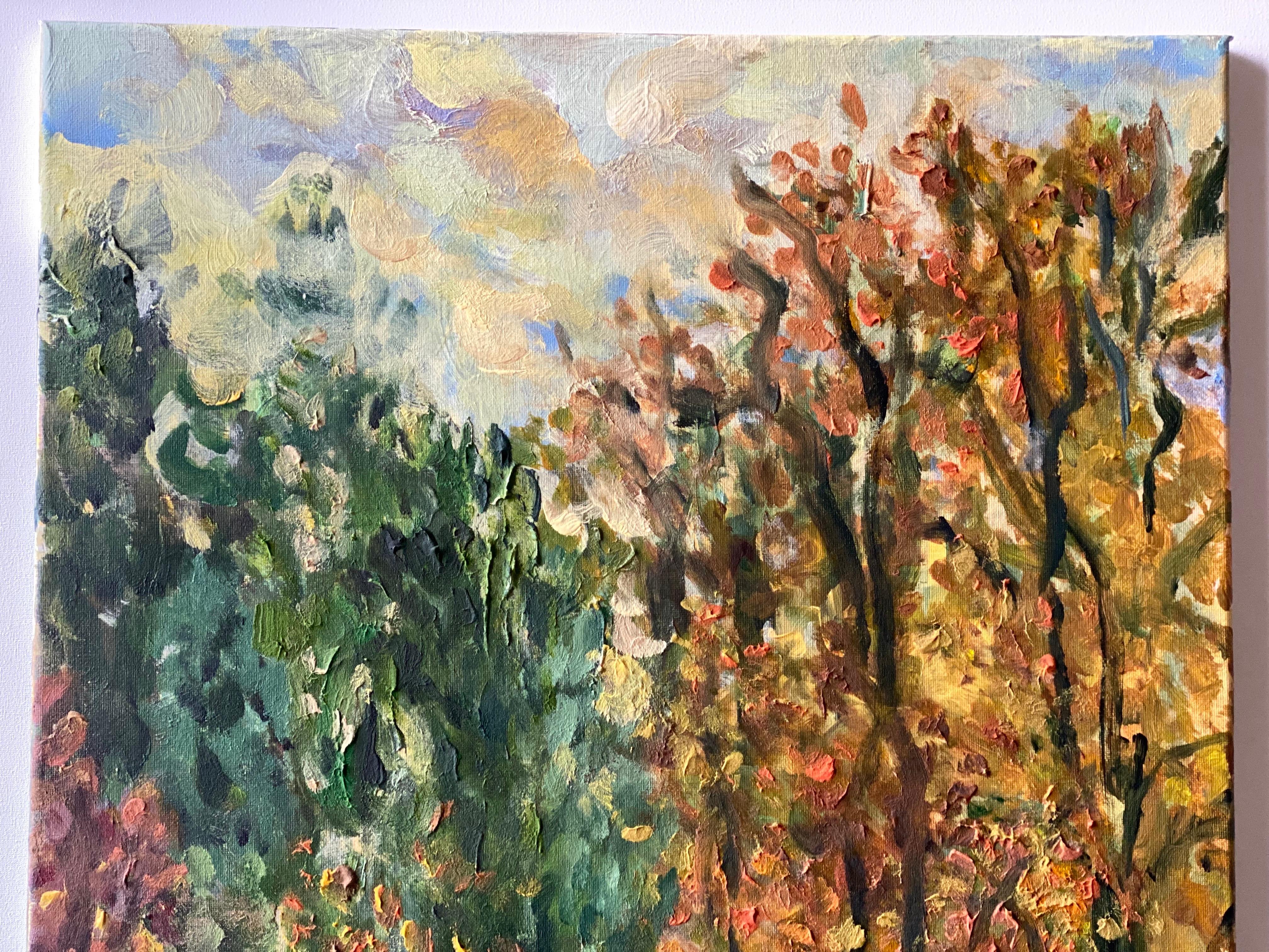 Original - Chemin de tilleuls en automne - Artistique britannique primé - en plein air - Toile à l'huile en vente 13