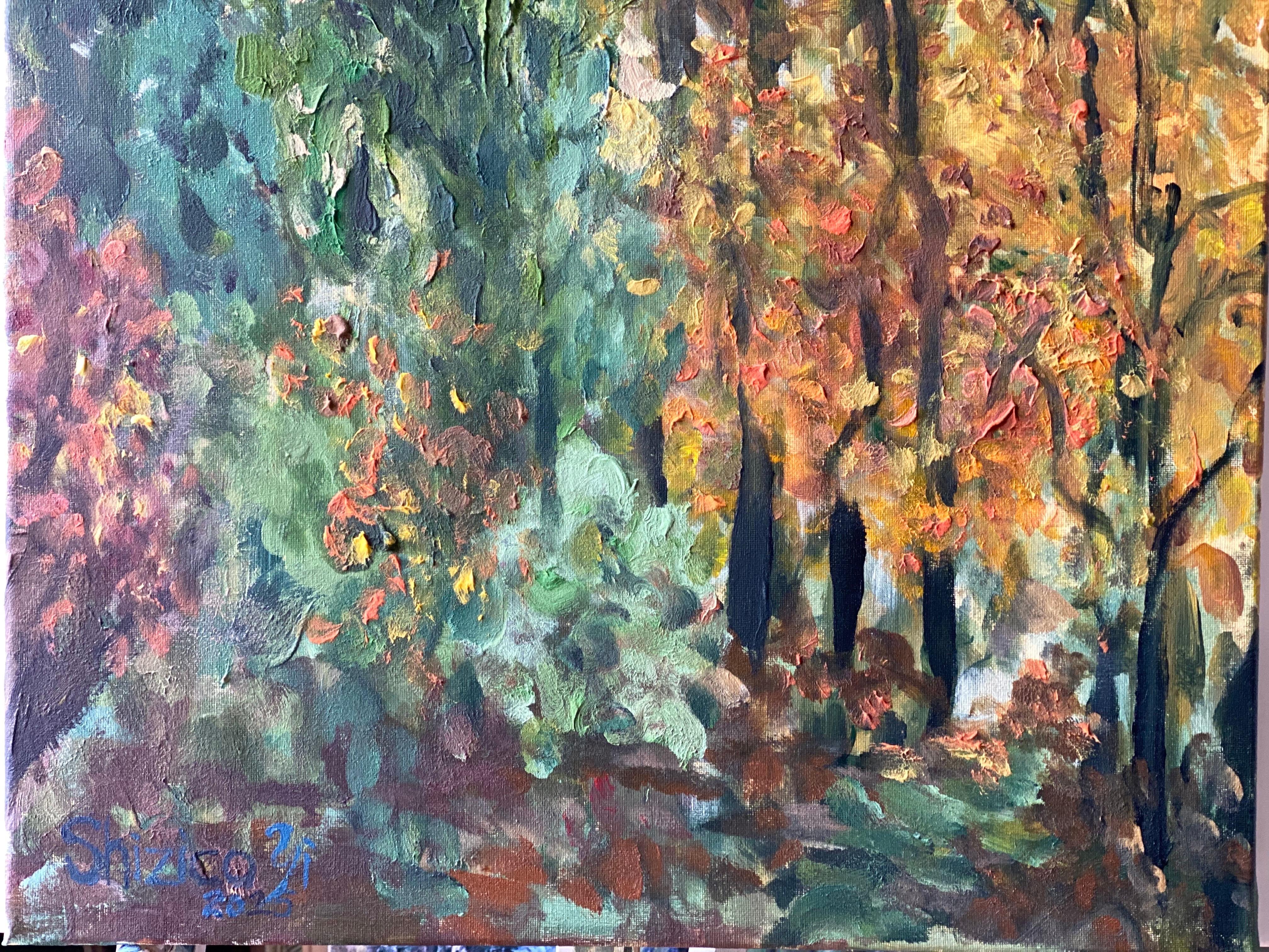 Original - Chemin de tilleuls en automne - Artistique britannique primé - en plein air - Toile à l'huile en vente 14