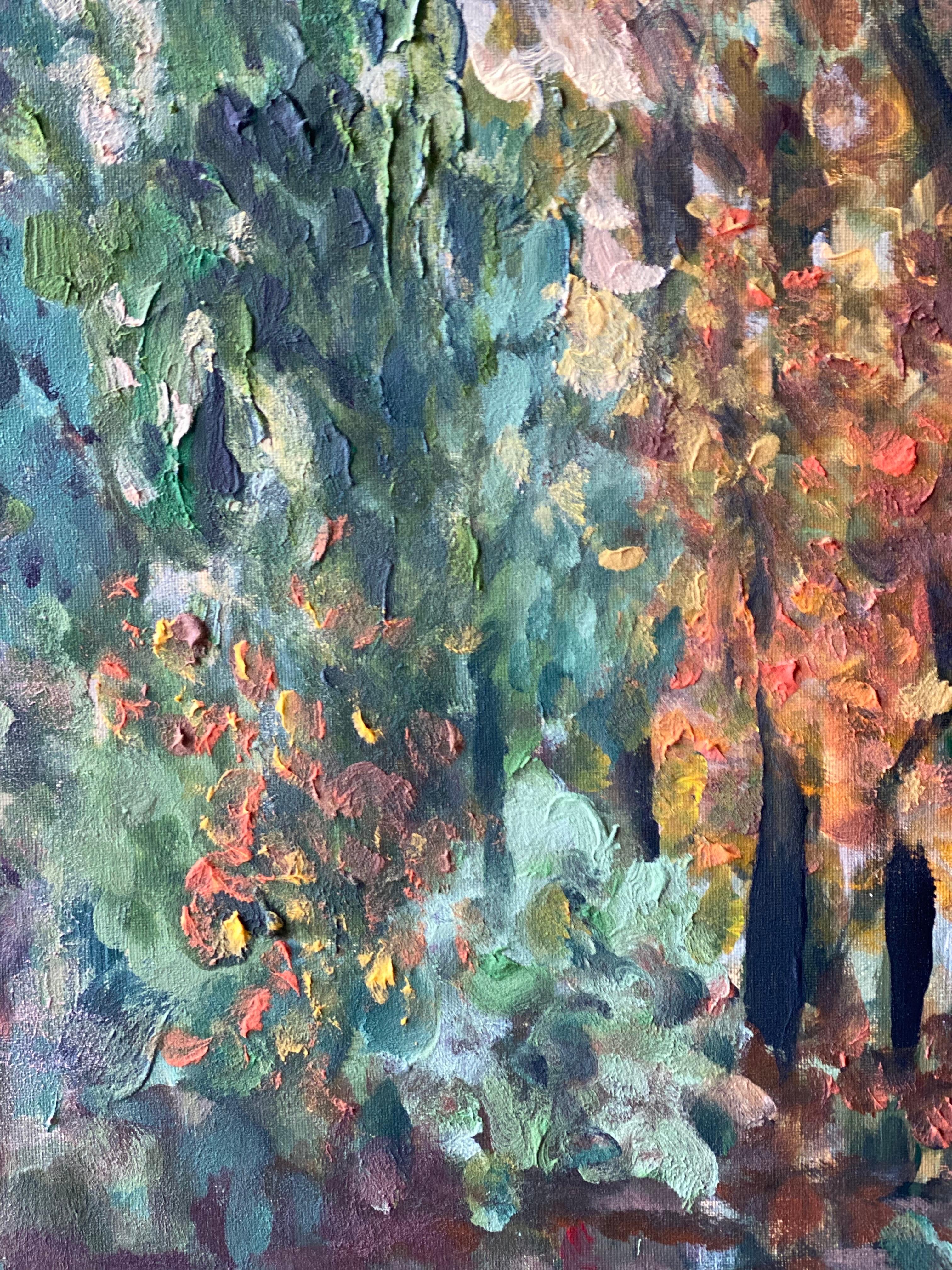 Original - Chemin de tilleuls en automne - Artistique britannique primé - en plein air - Toile à l'huile en vente 3