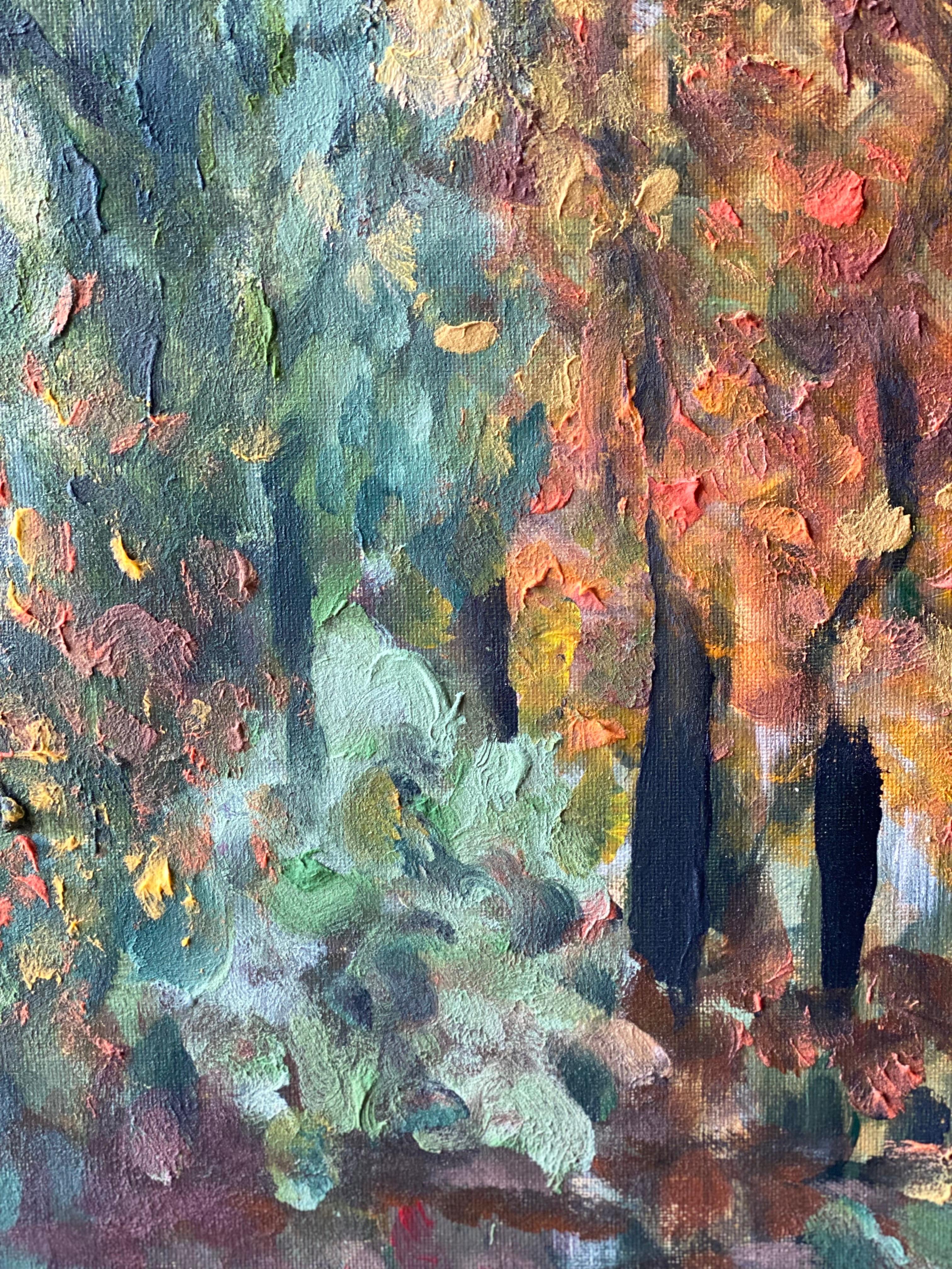 Original - Chemin de tilleuls en automne - Artistique britannique primé - en plein air - Toile à l'huile en vente 4