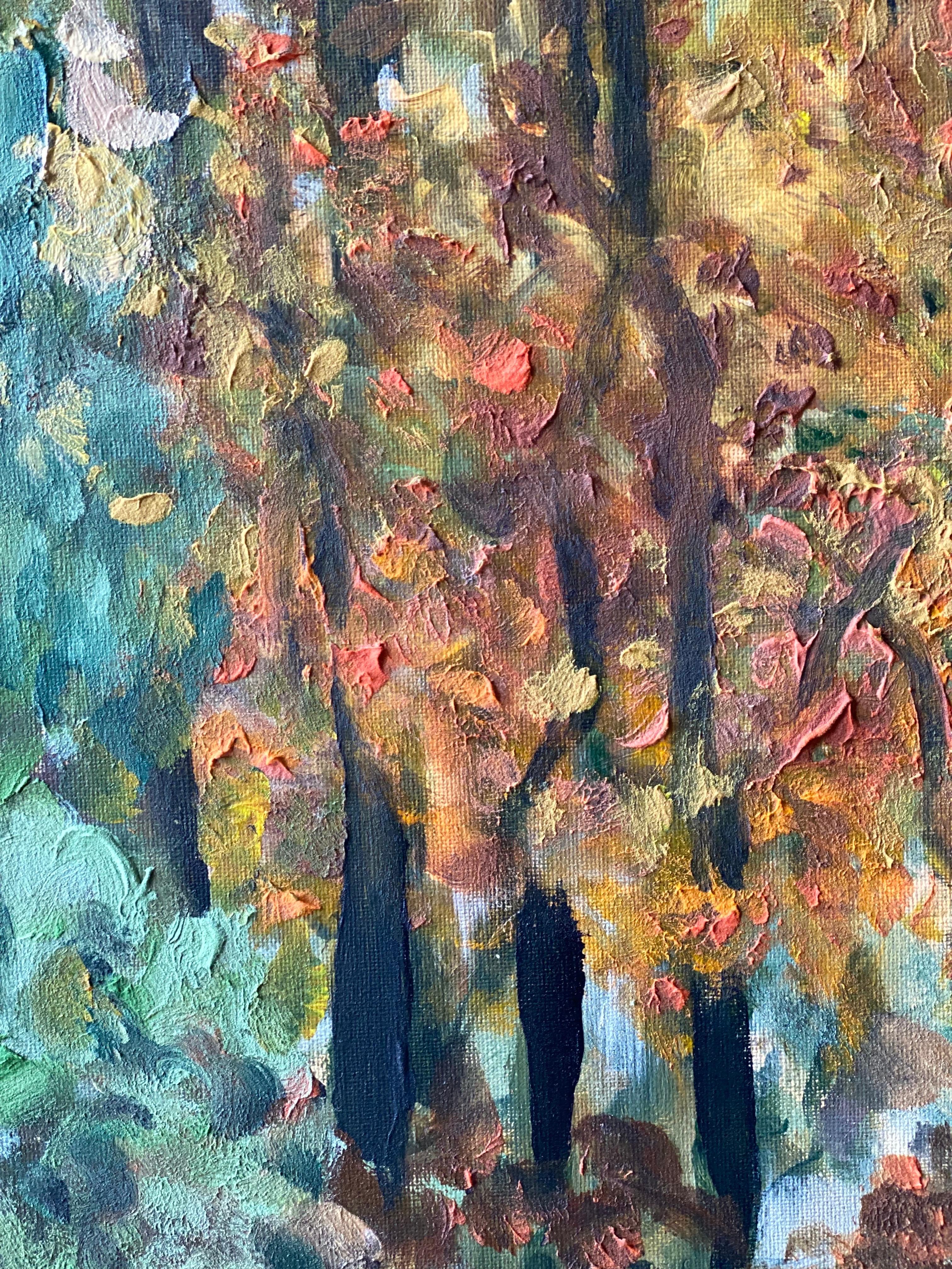 Original - Chemin de tilleuls en automne - Artistique britannique primé - en plein air - Toile à l'huile en vente 7