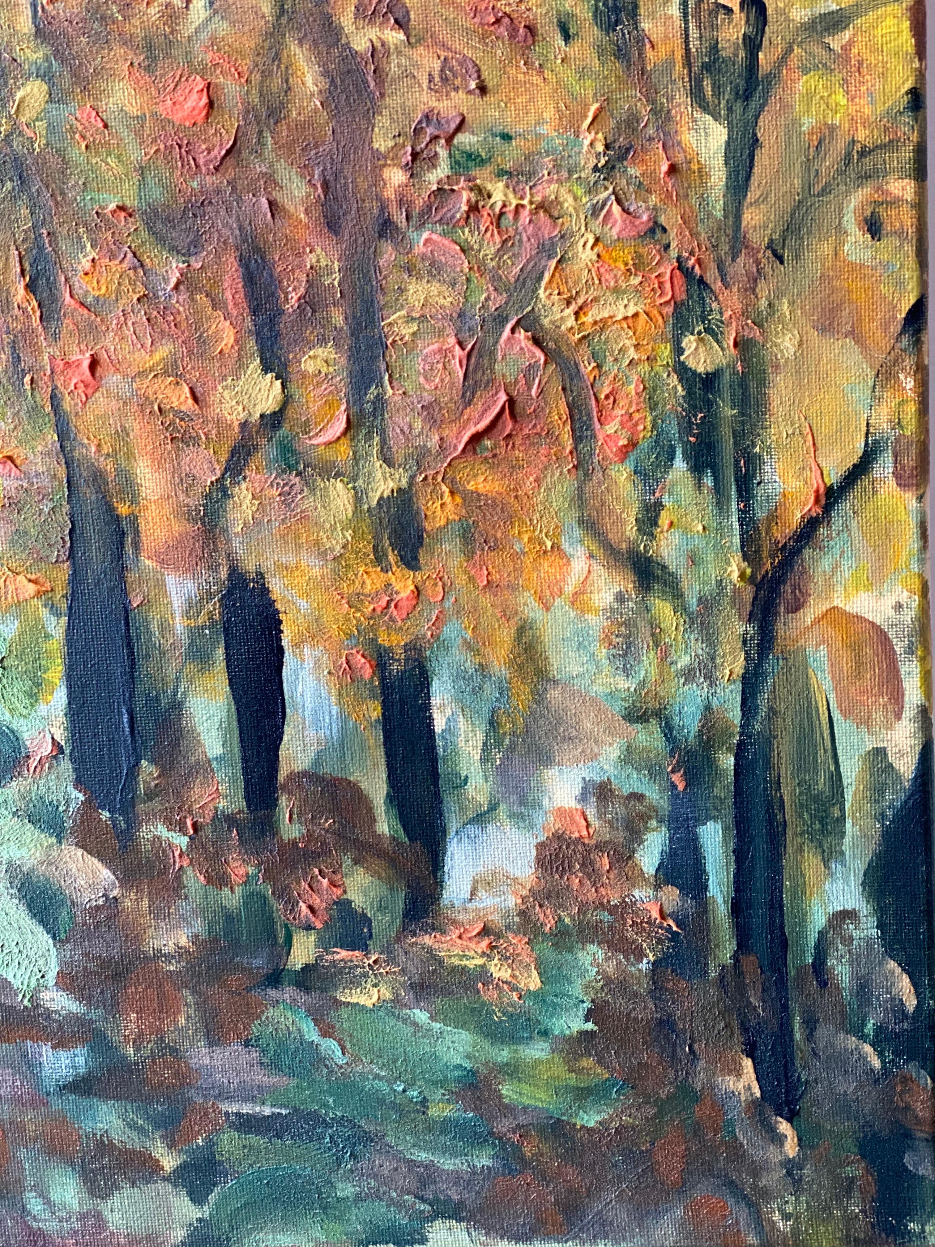 Original - Chemin de tilleuls en automne - Artistique britannique primé - en plein air - Toile à l'huile en vente 6