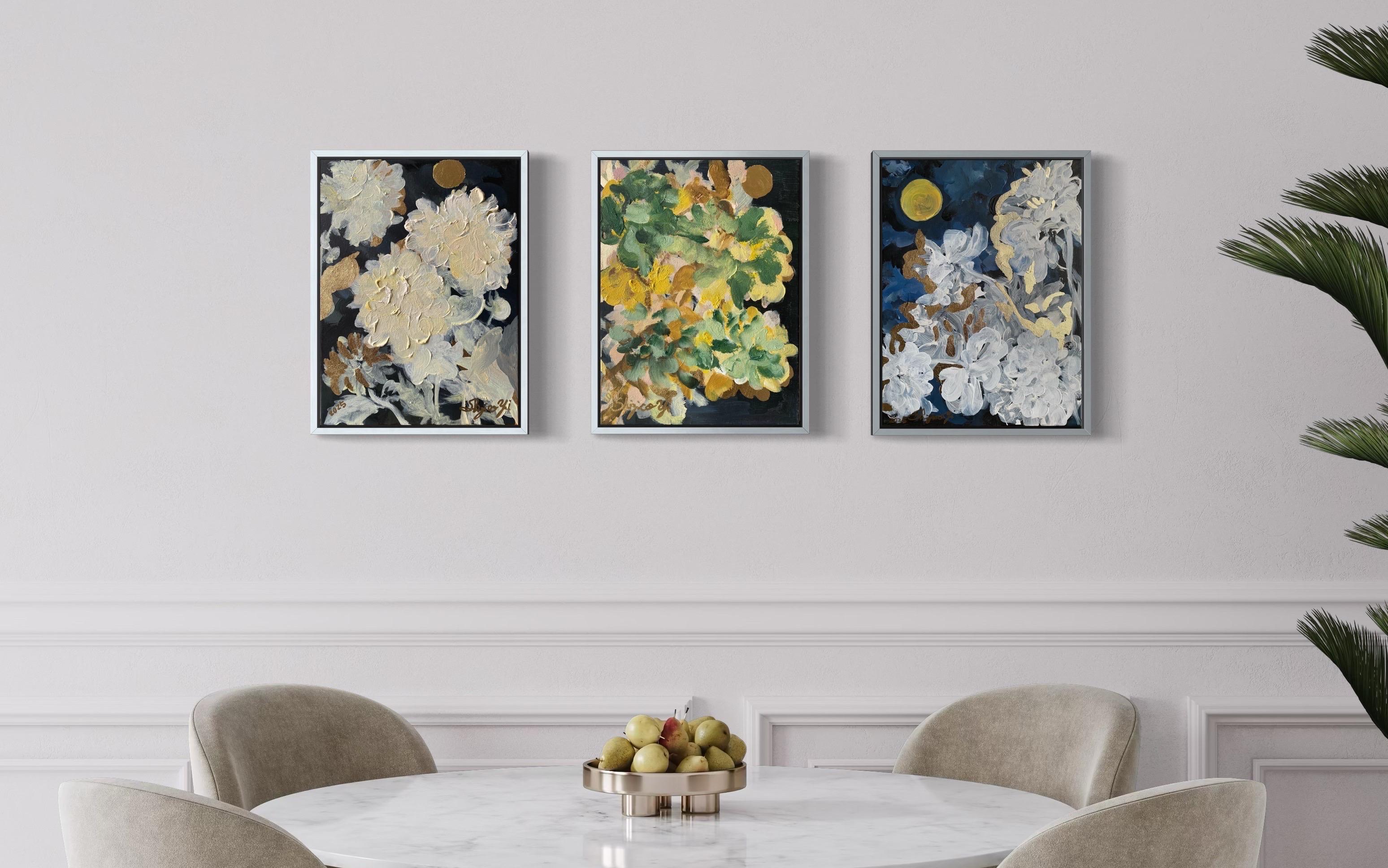 Original Triptych-Moonlit Jardin d'Hiver 1, 2, 3-British Awarded Artist-Impasto - Brown Abstract Painting by Shizico Yi