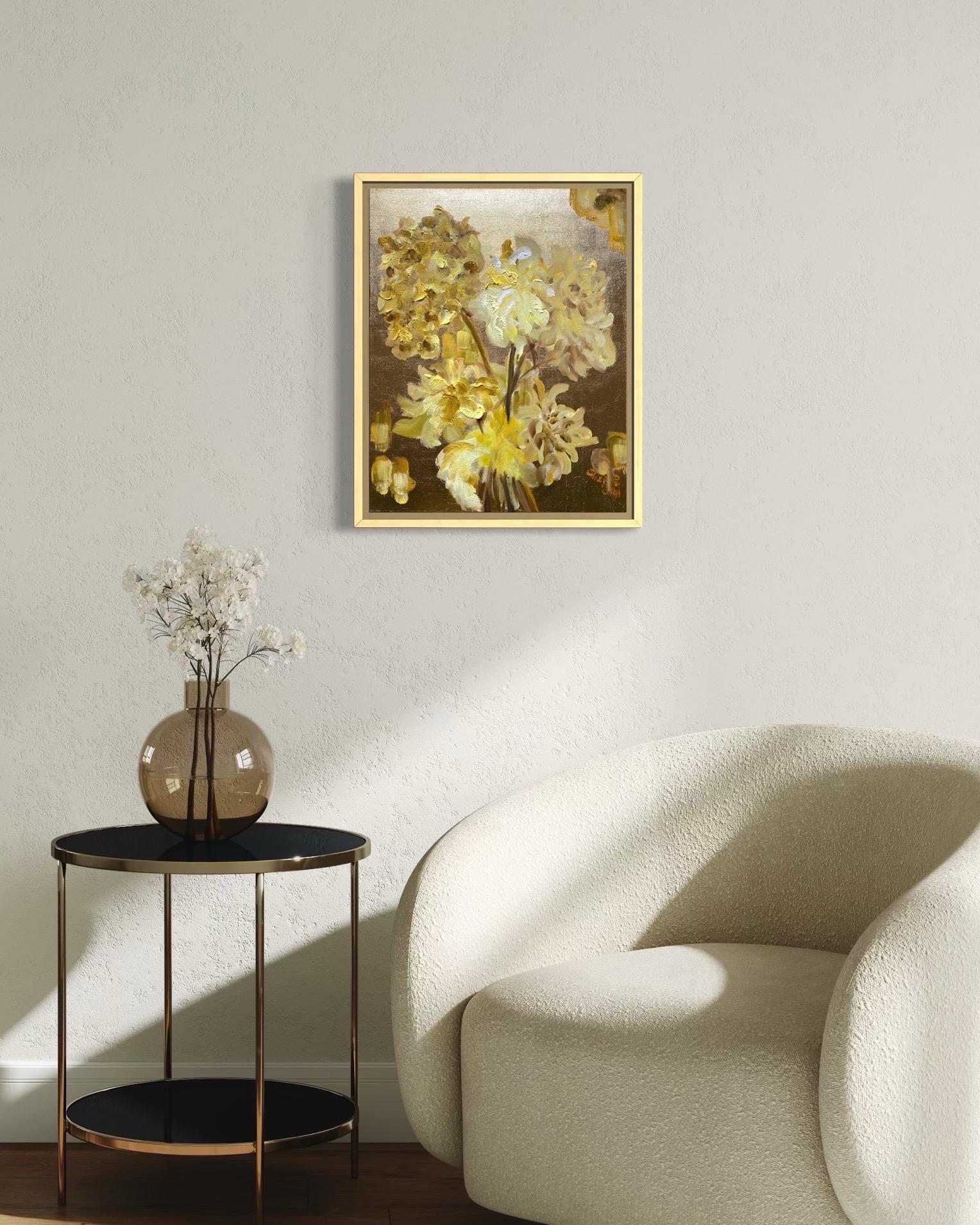 Original-To make a Garden-British Awarded Artist-oil and gold leaf on canvas - Painting by Shizico Yi