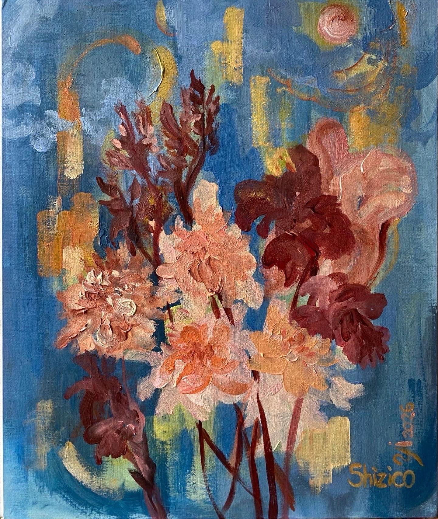 Shizico Yi Abstract Painting - Original-Moonlit Dahlia: Blue and Red-Jardin d'Hiver-British Awarded Artist
