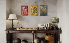 Ensemble original de 3 œuvres de la série « Couleurs primaires » – Artiste primé – Feuille d'or et peinture à l'huile