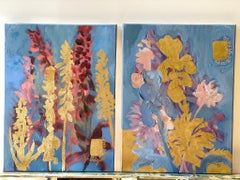 Conjunto original-Foxgloves-Artista británico galardonado-Amarillo, morado-Impasto-hoja de oro