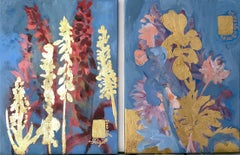Conjunto original-Foxgloves-Artista británico galardonado-Amarillo, morado-Impasto-hoja de oro