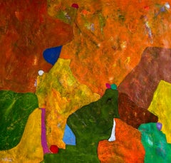 Pintura al óleo abstracta contemporánea en naranja, amarillo y verde, "Sin título" 2024